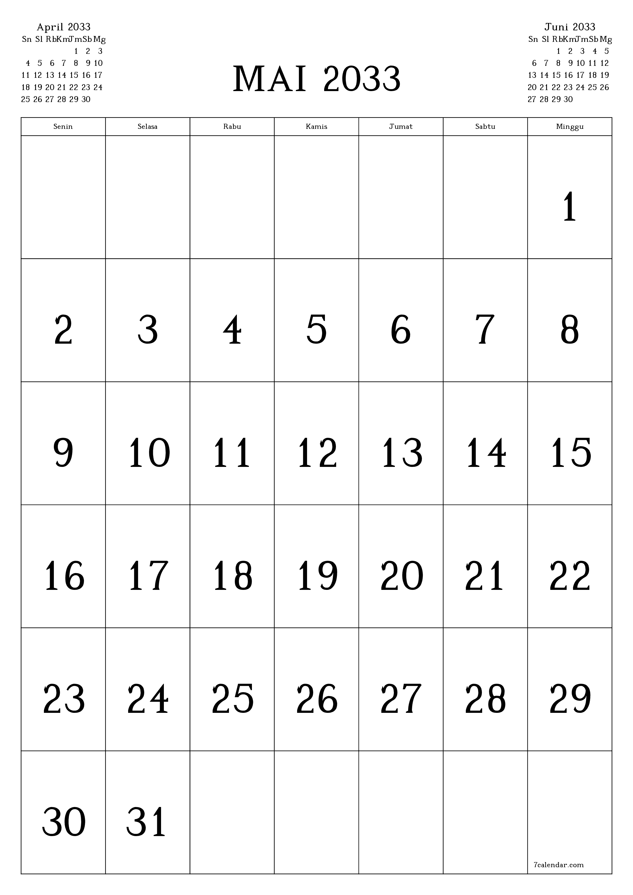 yang dapat dicetak dinding templat gratisvertikal Bulanan kalender Mai (Mai) 2033