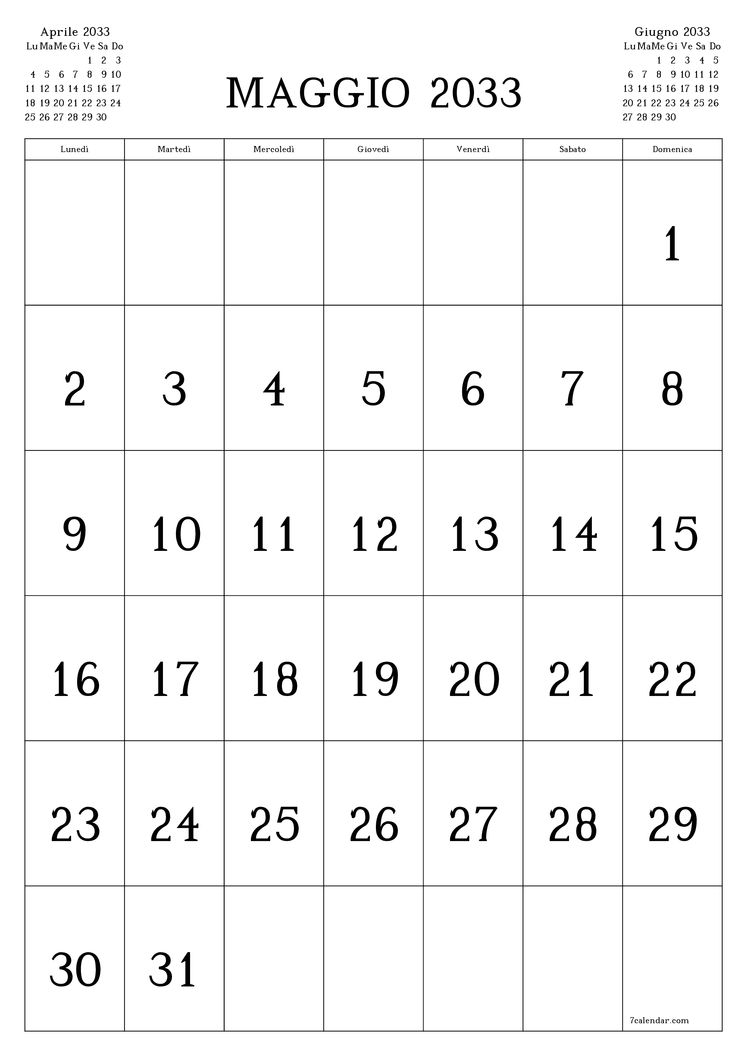  stampabile da parete modello di gratuitoverticale Mensile calendario Maggio (Mag) 2033