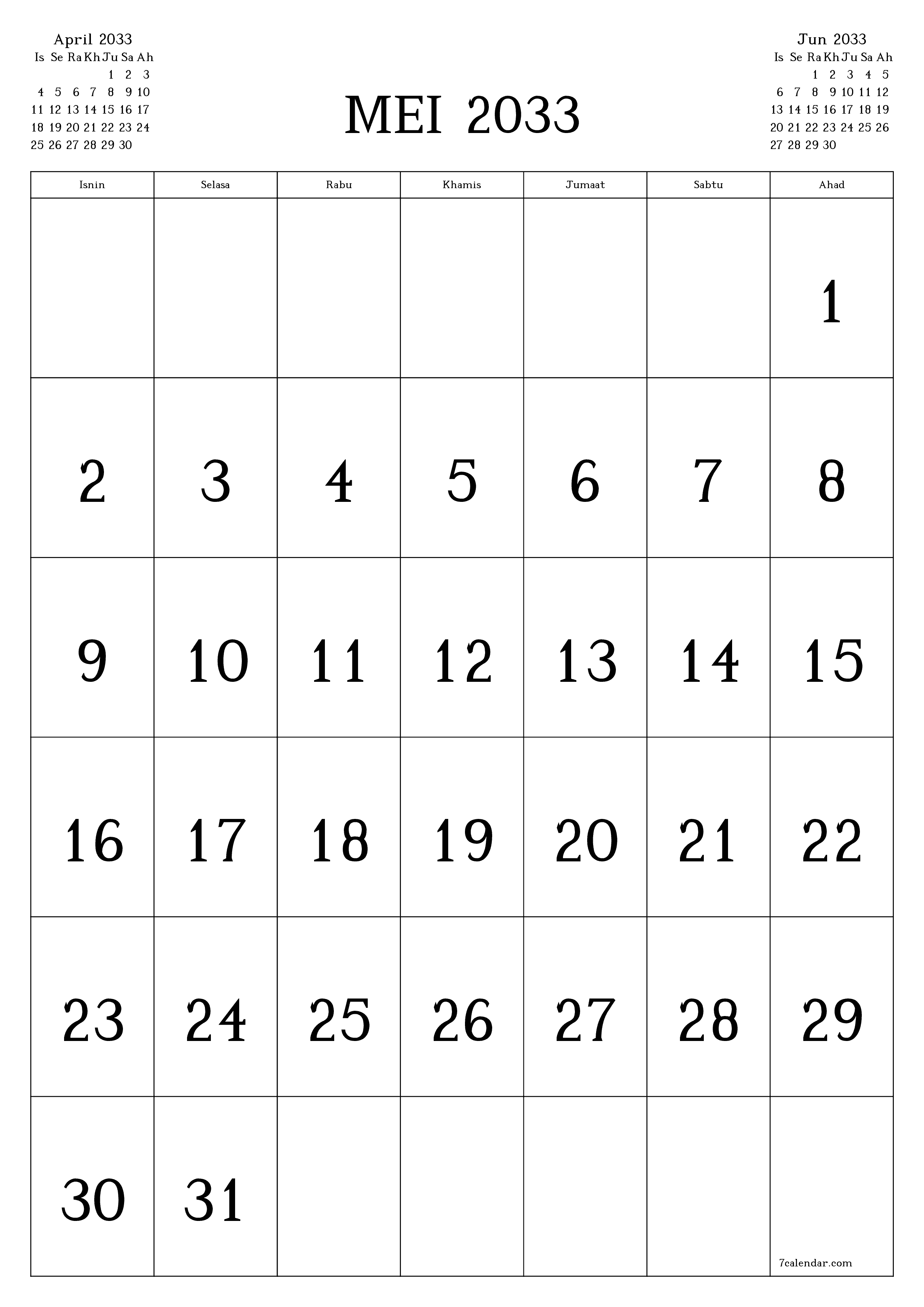  boleh cetak dinding templat percumamenegak Bulanan kalendar Mei (Mei) 2033