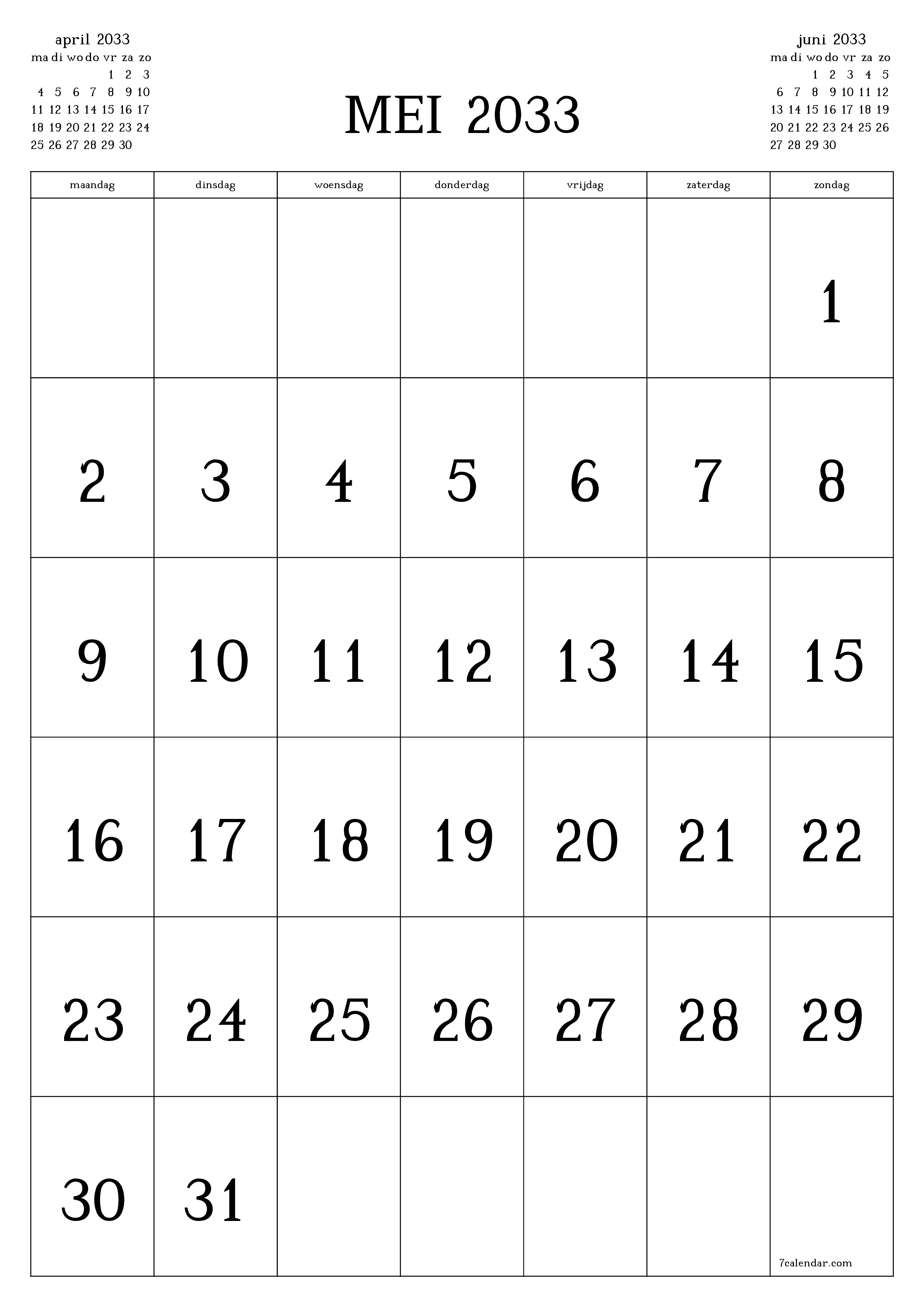 afdrukbare muur sjabloon gratis verticaal Maandelijks kalender mei (mei) 2033