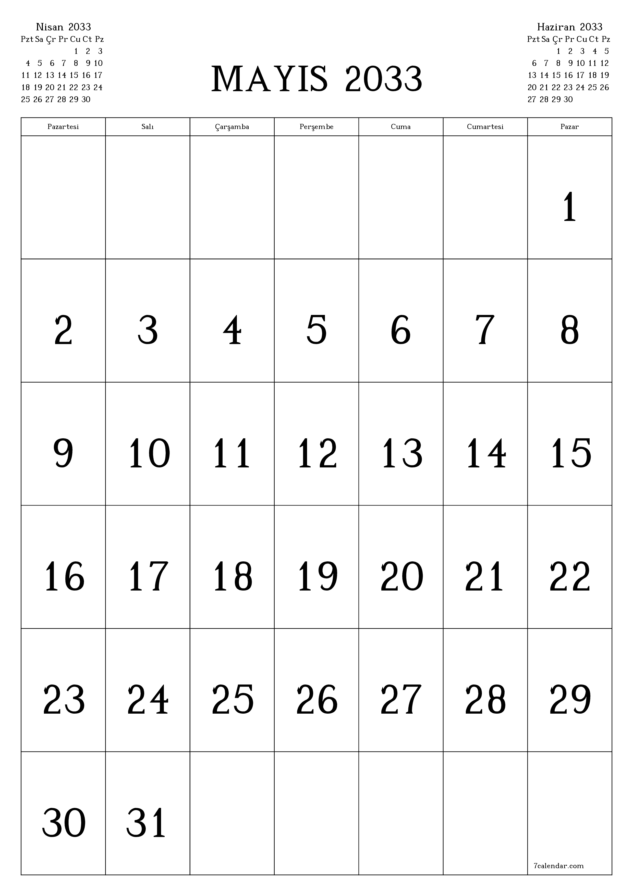 yazdırılabilir duvar i şablonu ücretsiz dikey Aylık takvim Mayıs (May) 2033