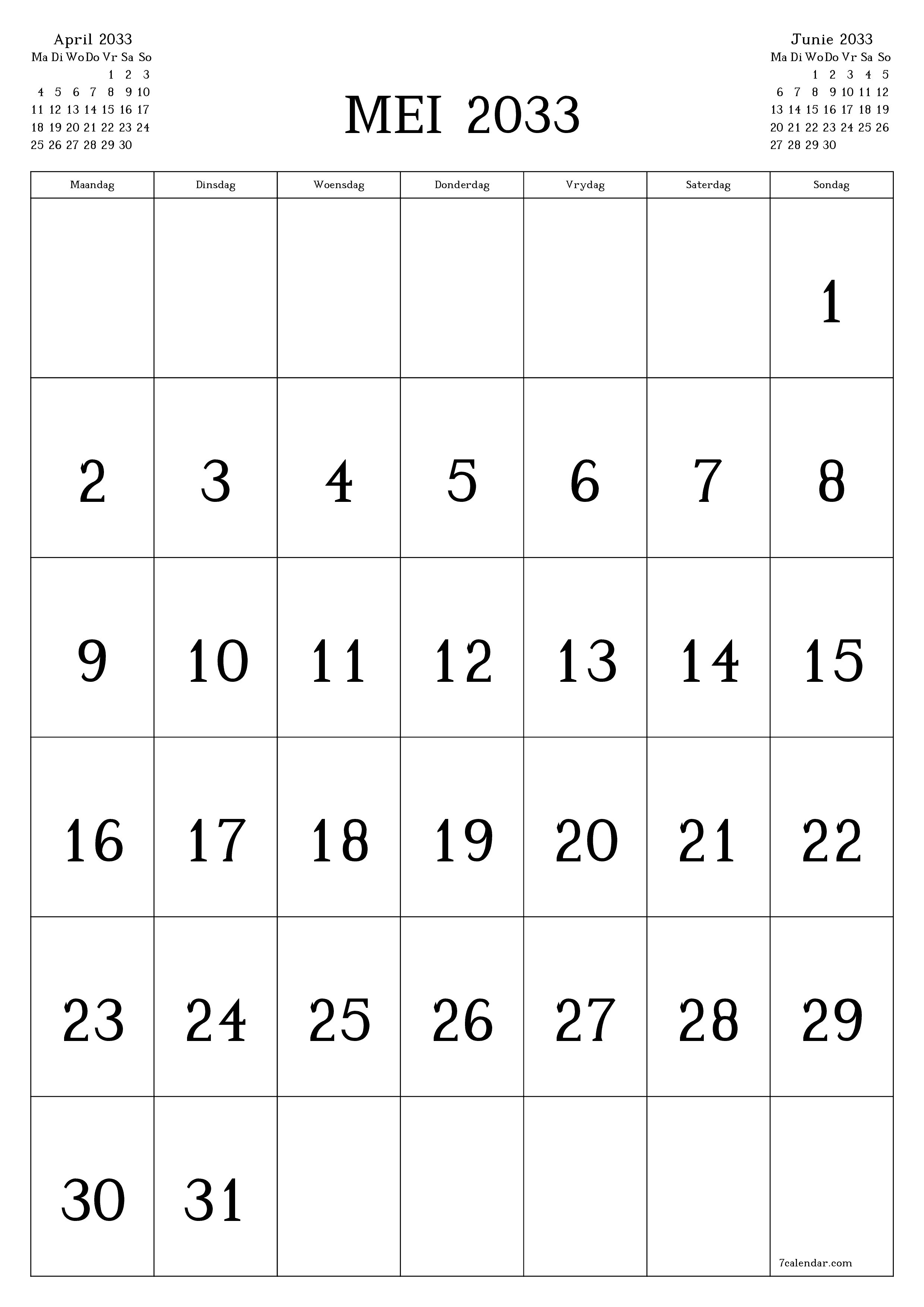 drukbare muur template gratis vertikaal Maandeliks kalender Mei (Mei) 2033