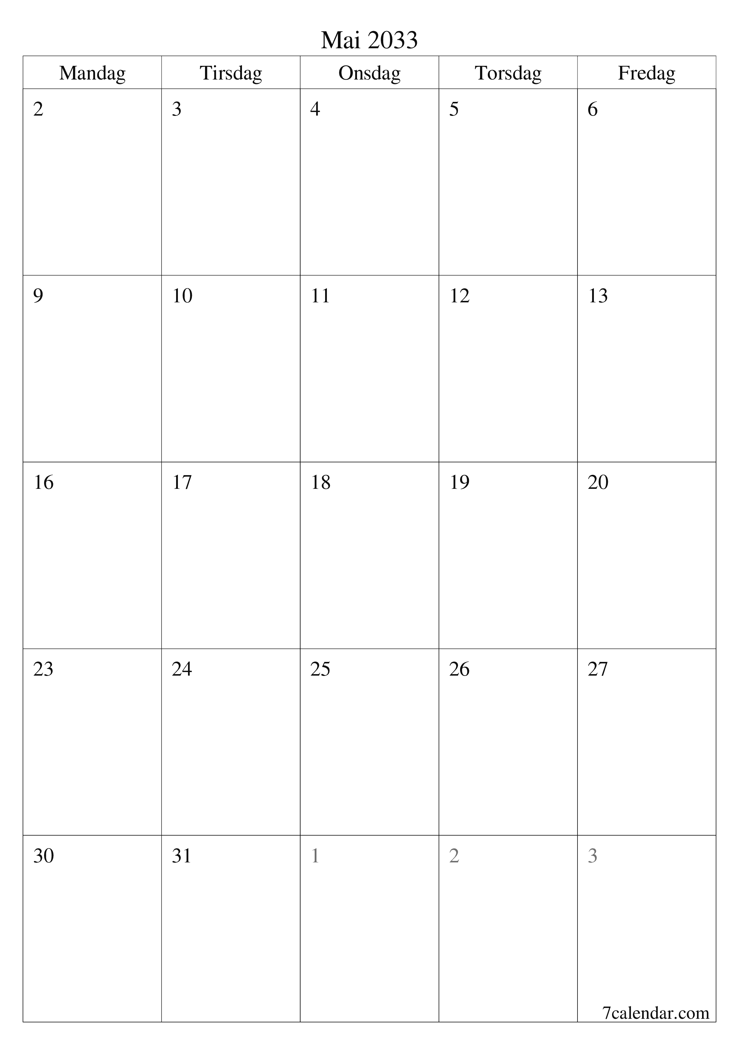 utskrivbar vegg mal gratis vertikal Månedlig planlegger kalender Mai (Mai) 2033