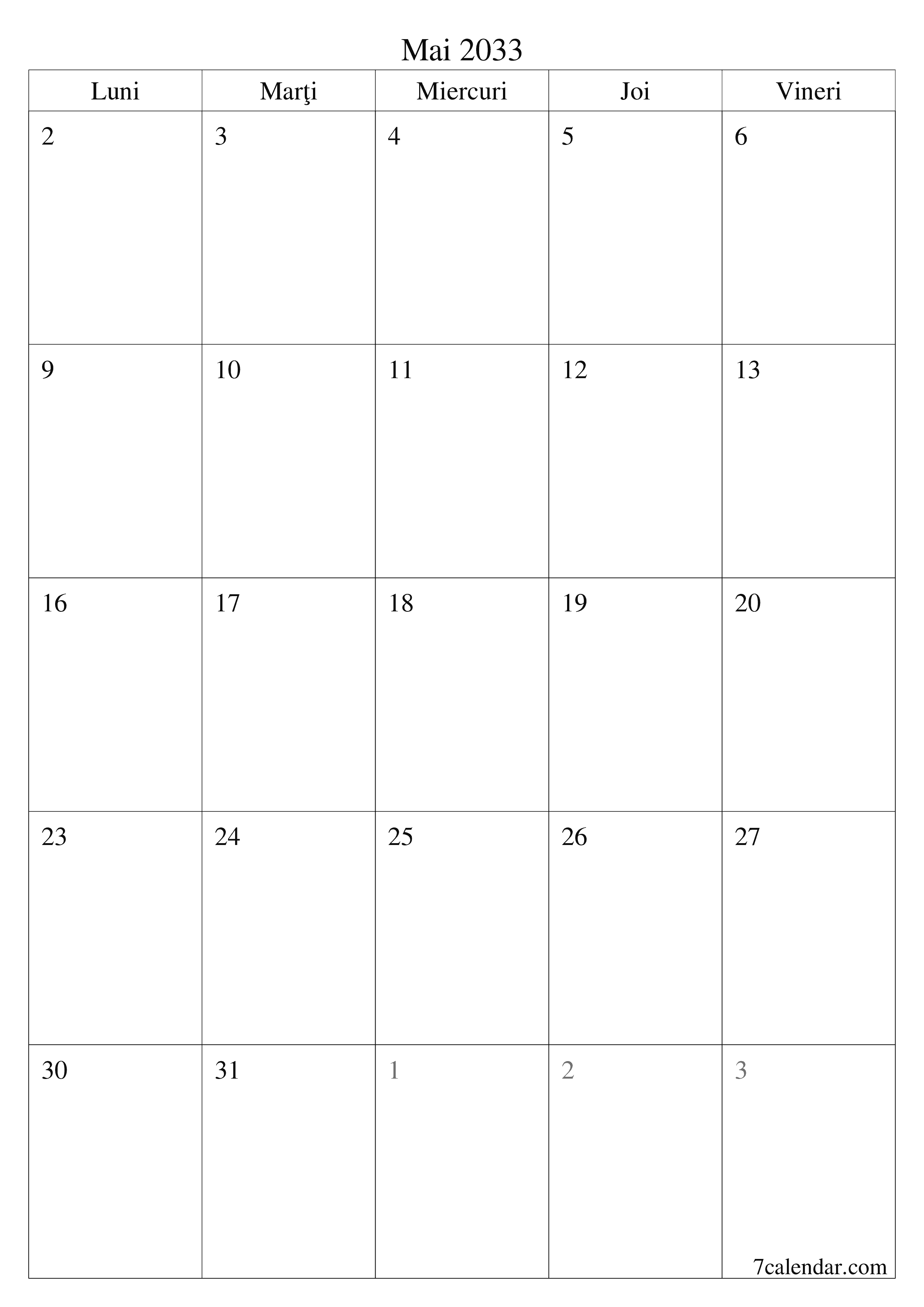  imprimabil de perete șablon de gratuitvertical Lunar planificator calendar Mai (Mai) 2033