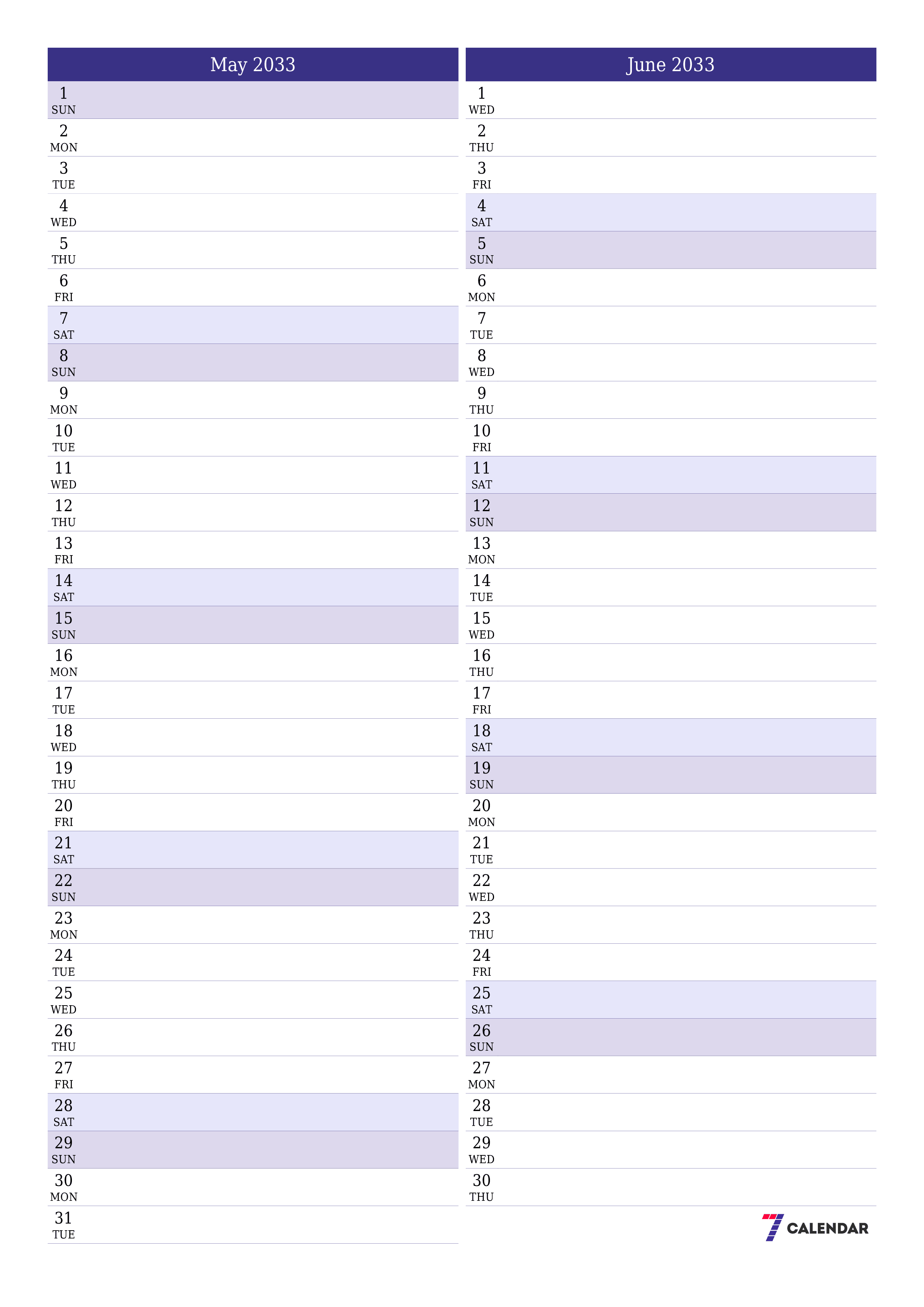 printable wall template free vertical Monthly planner calendar May (May) 2033