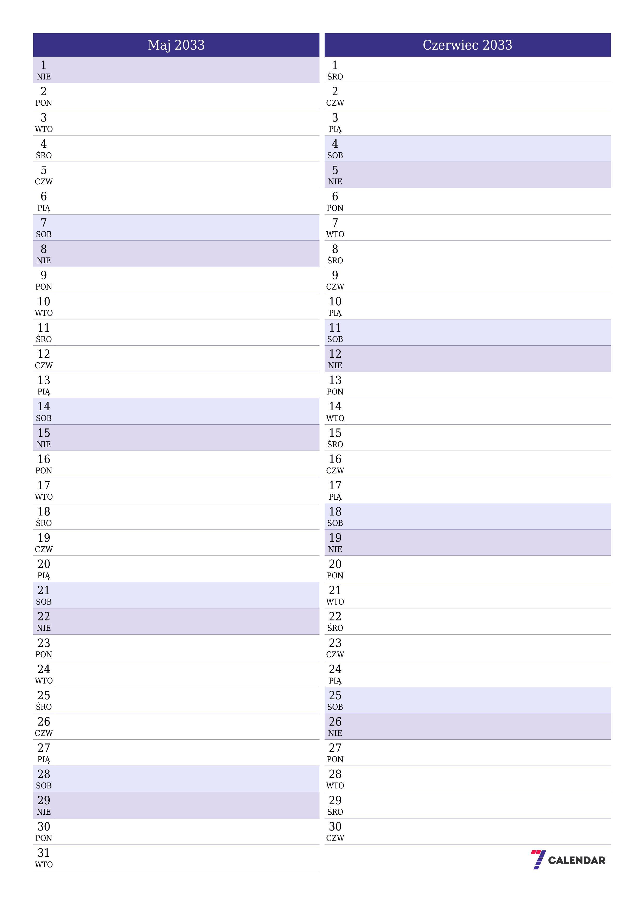 Opróżnij miesięczny planer na miesiąc Maj 2033 z notatkami, zapisz i wydrukuj w formacie PDF PNG Polish