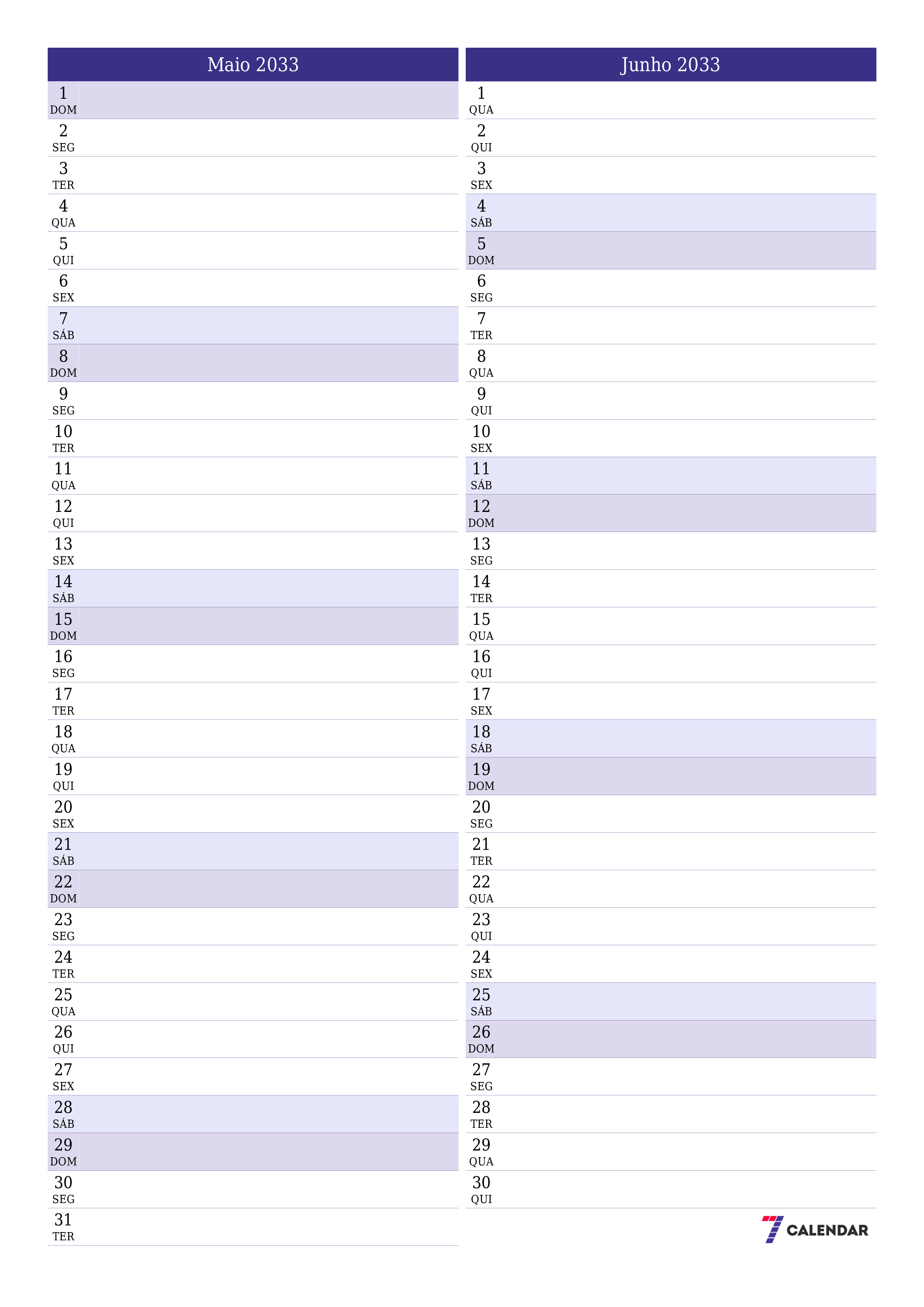  para impressão de parede modelo de grátisvertical Mensal planejador calendário Maio (Mai) 2033