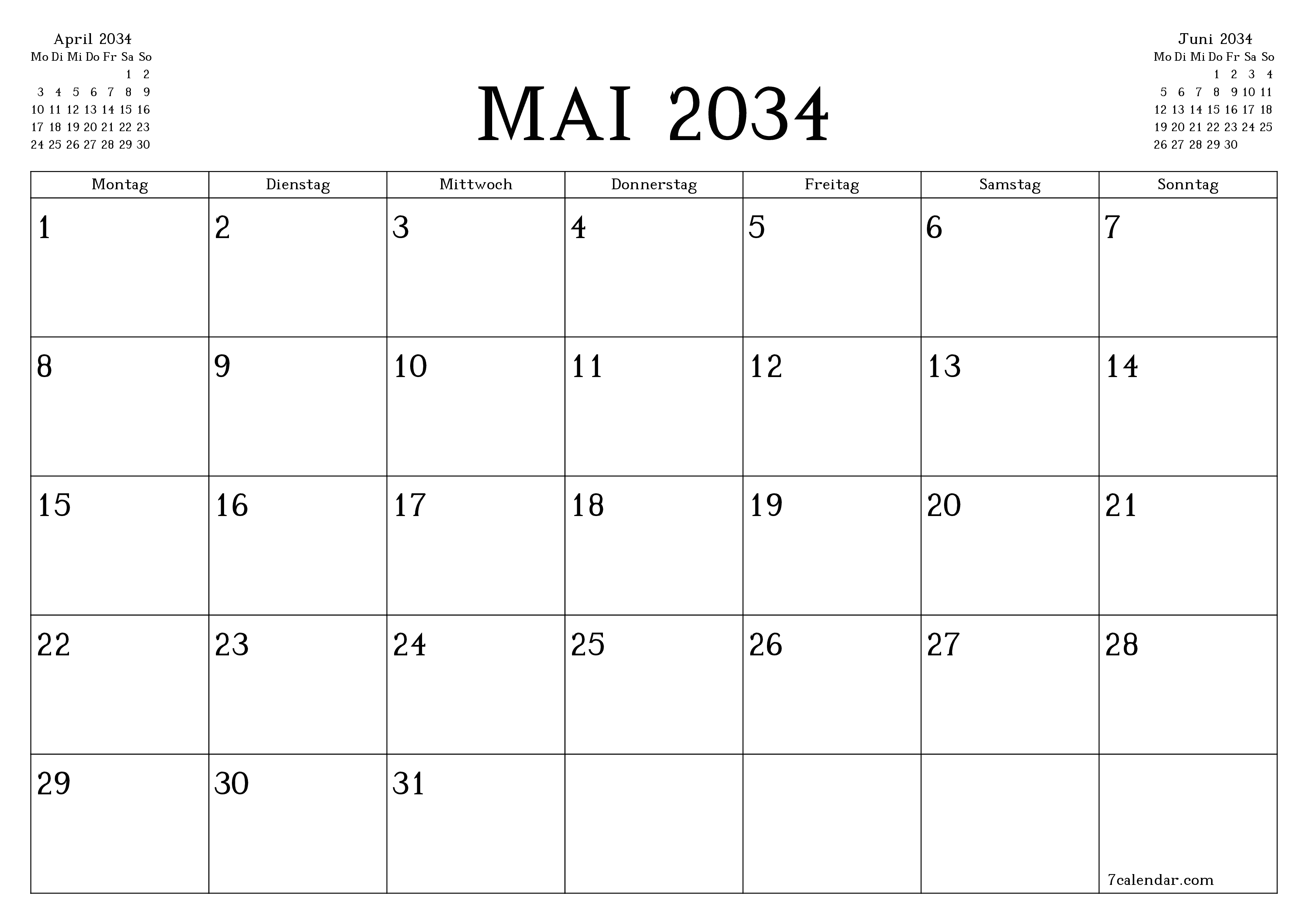 Monatsplaner für Monat Mai 2034 mit Notizen leeren, speichern und als PDF PNG German - 7calendar.com drucken