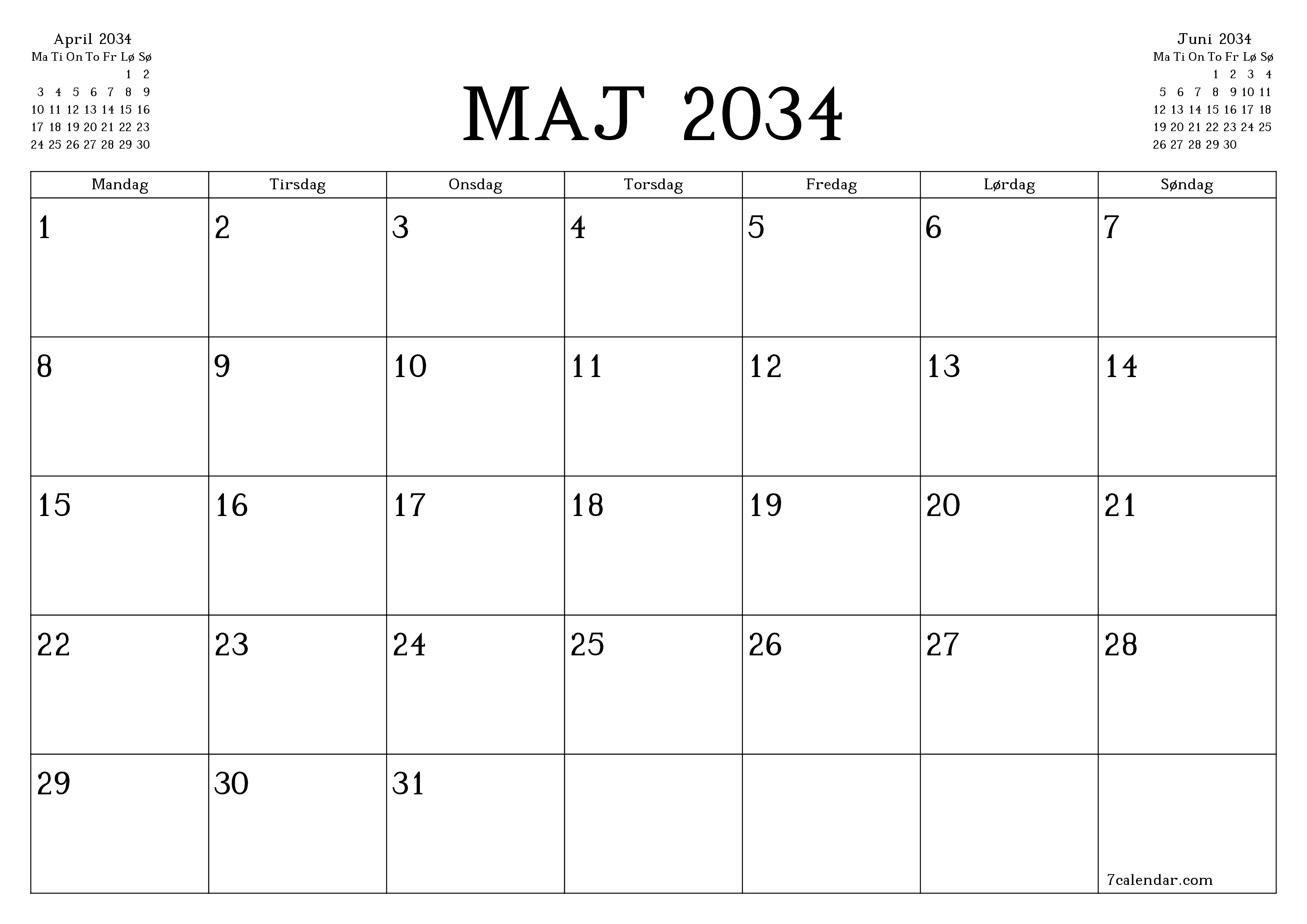 Tom månedlig planlægning for måned Maj 2034 med noter, gem og udskriv til PDF PNG Danish