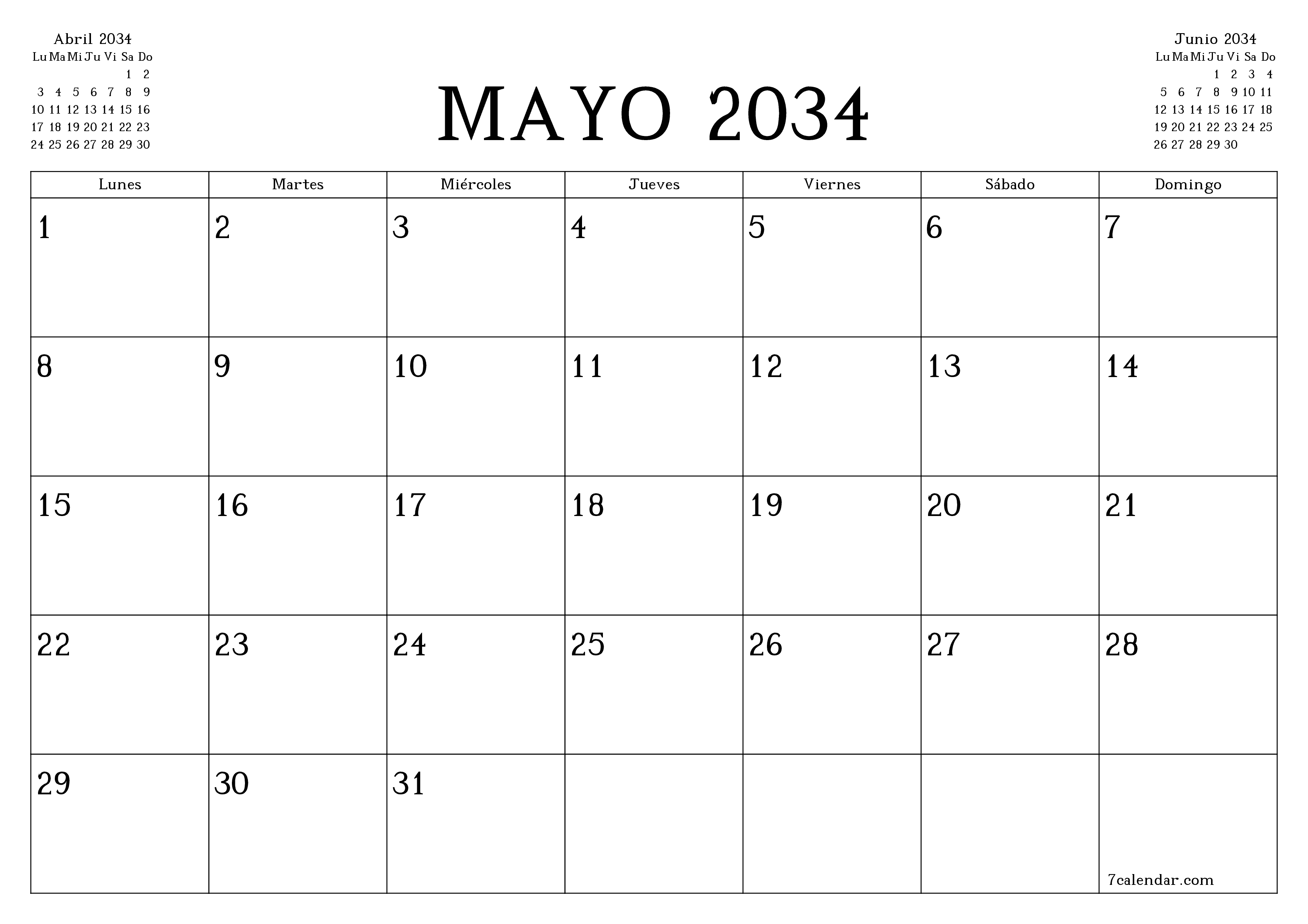 Planificador mensual vacío para el mes Mayo 2034 con notas, guardar e imprimir en PDF PNG Spanish
