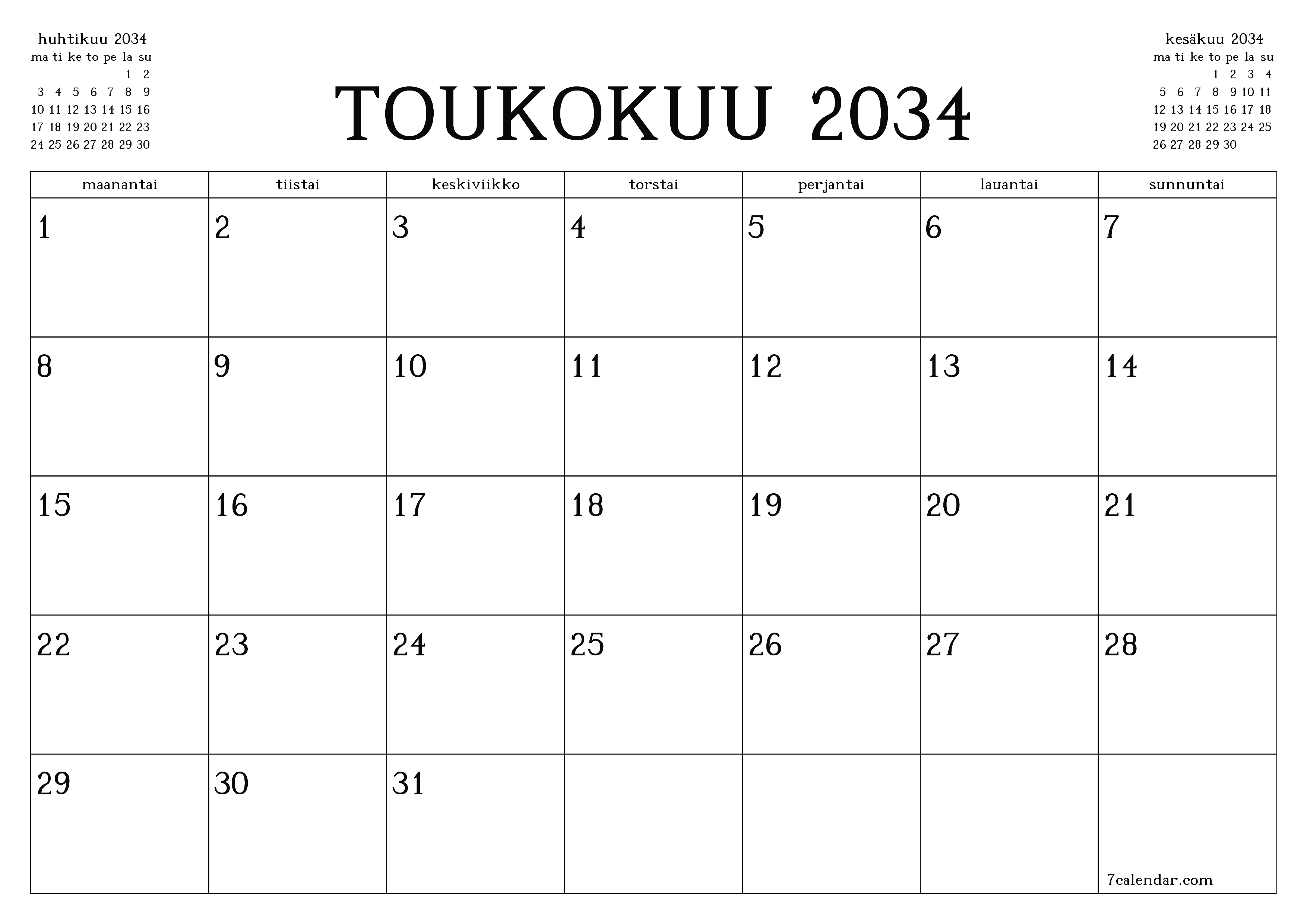 Tyhjennä kuukausittainen suunnittelija kuukaudelle Toukokuu 2034 muistiinpanoilla, tallenna ja tulosta PDF-muotoon PNG Finnish