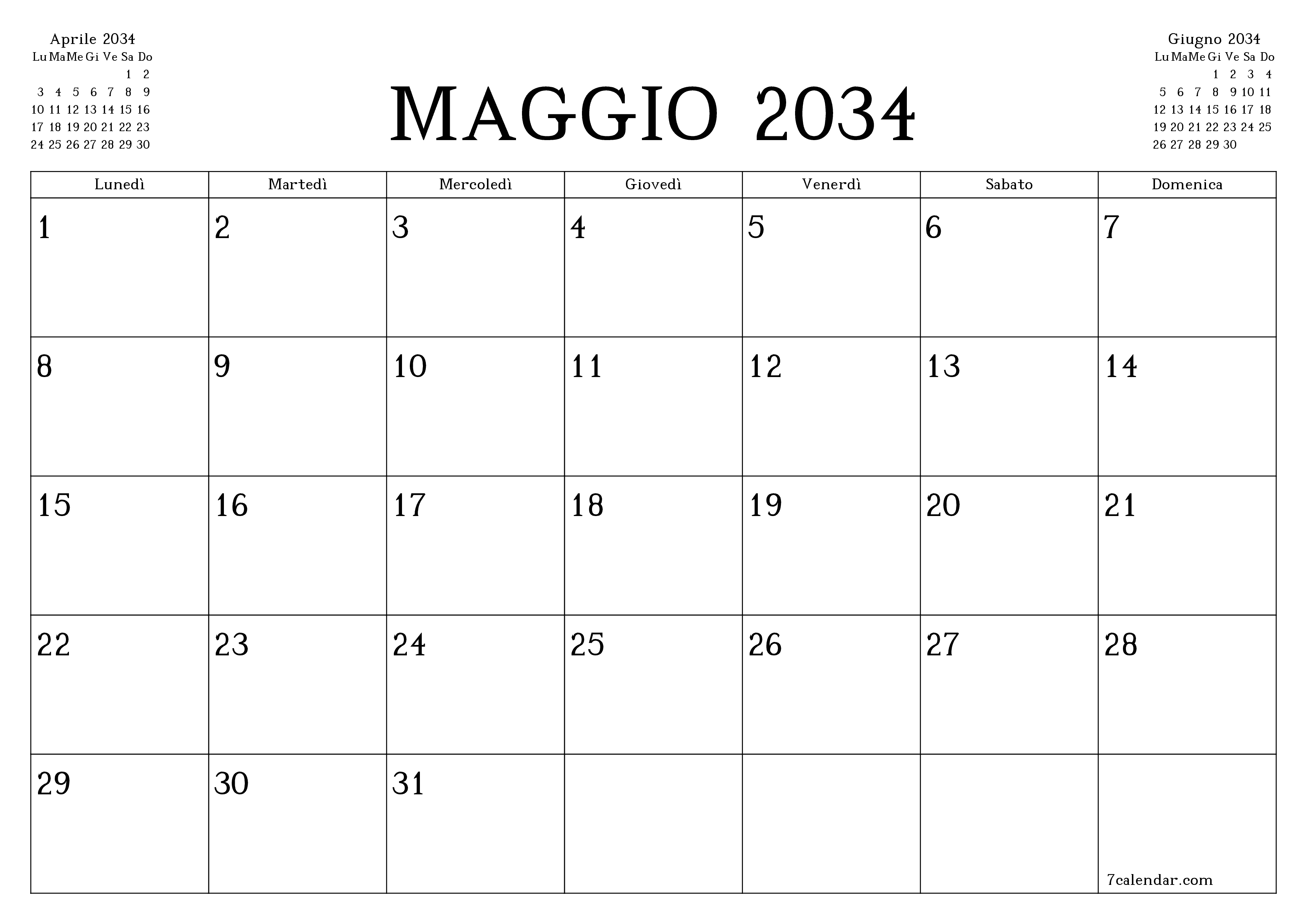 Pianificatore mensile vuoto per il mese Maggio 2034 con note, salva e stampa in PDF PNG Italian