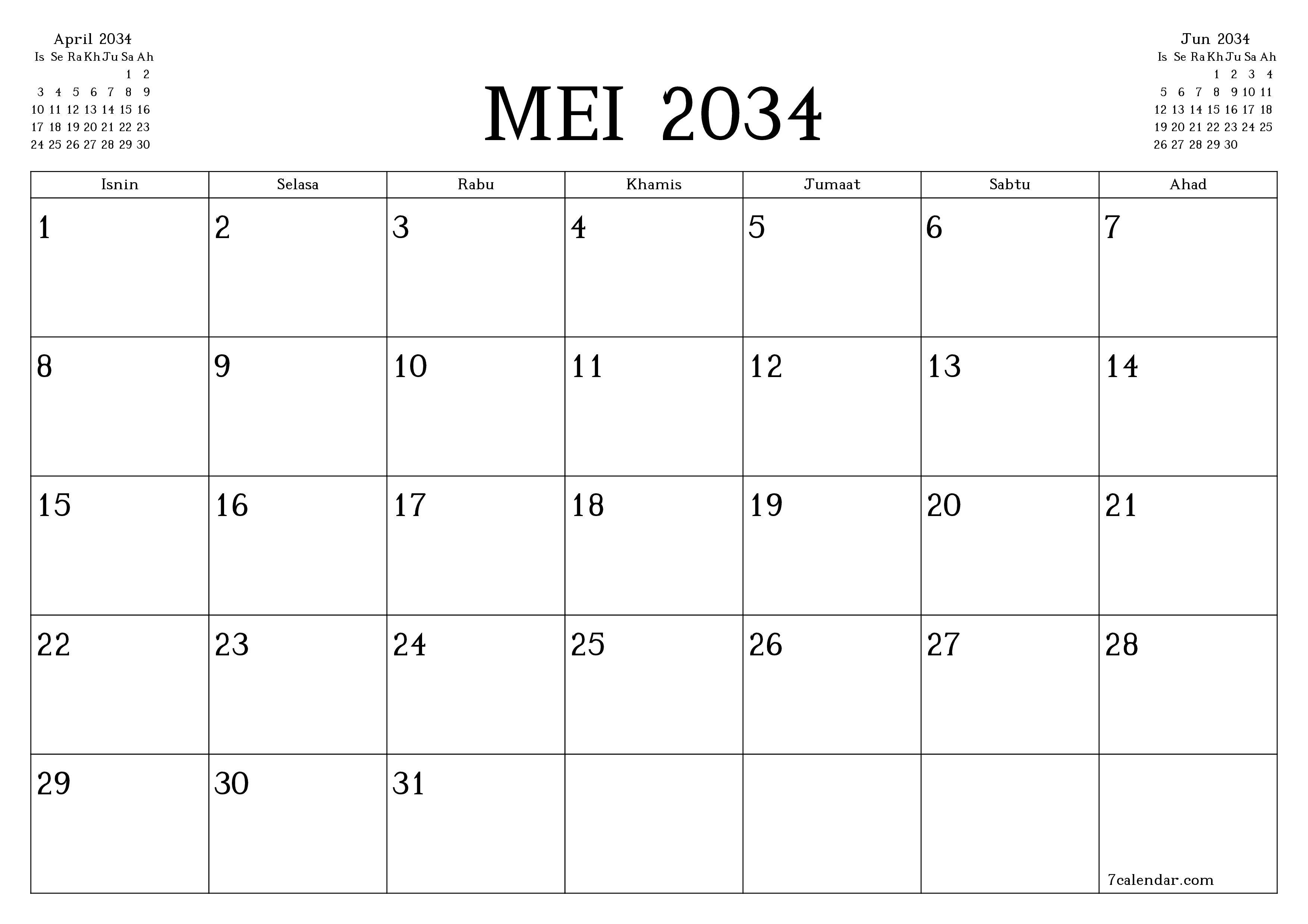 Perancang bulanan kosong untuk bulan Mei 2034 dengan nota, simpan dan cetak ke PDF PNG Malay