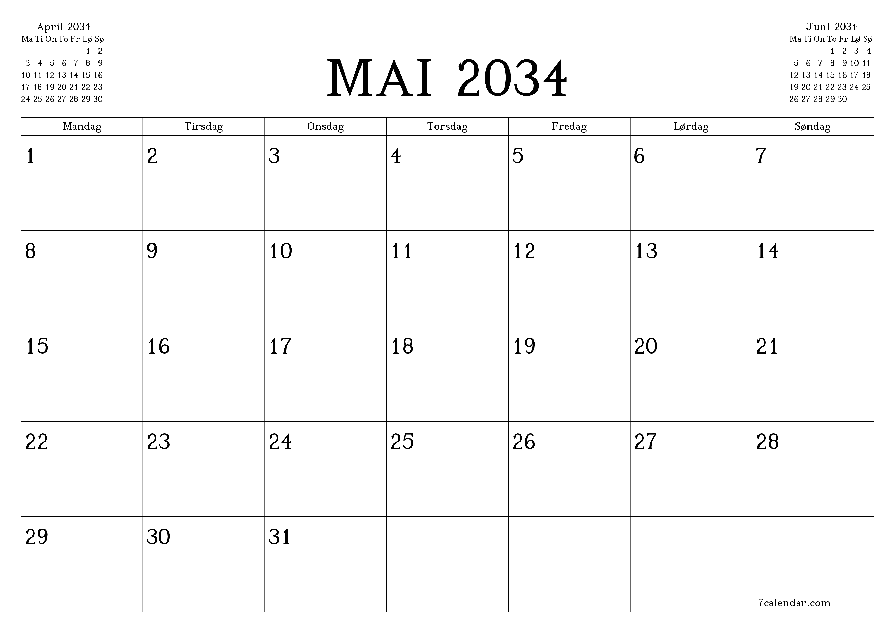 Tom månedlig planlegger for måned Mai 2034 med notater, lagre og skriv ut til PDF PNG Norwegian