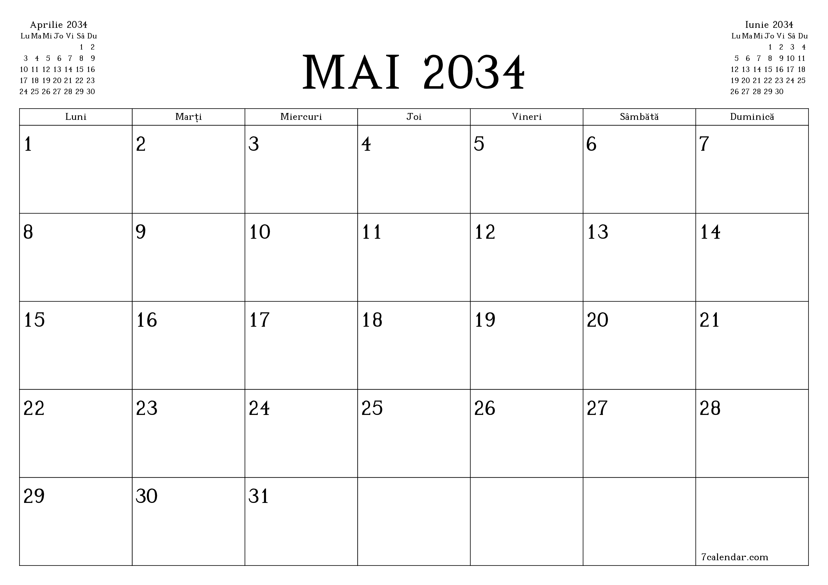 Planificator lunar gol pentru luna Mai 2034 cu note, salvați și tipăriți în PDF PNG Romanian