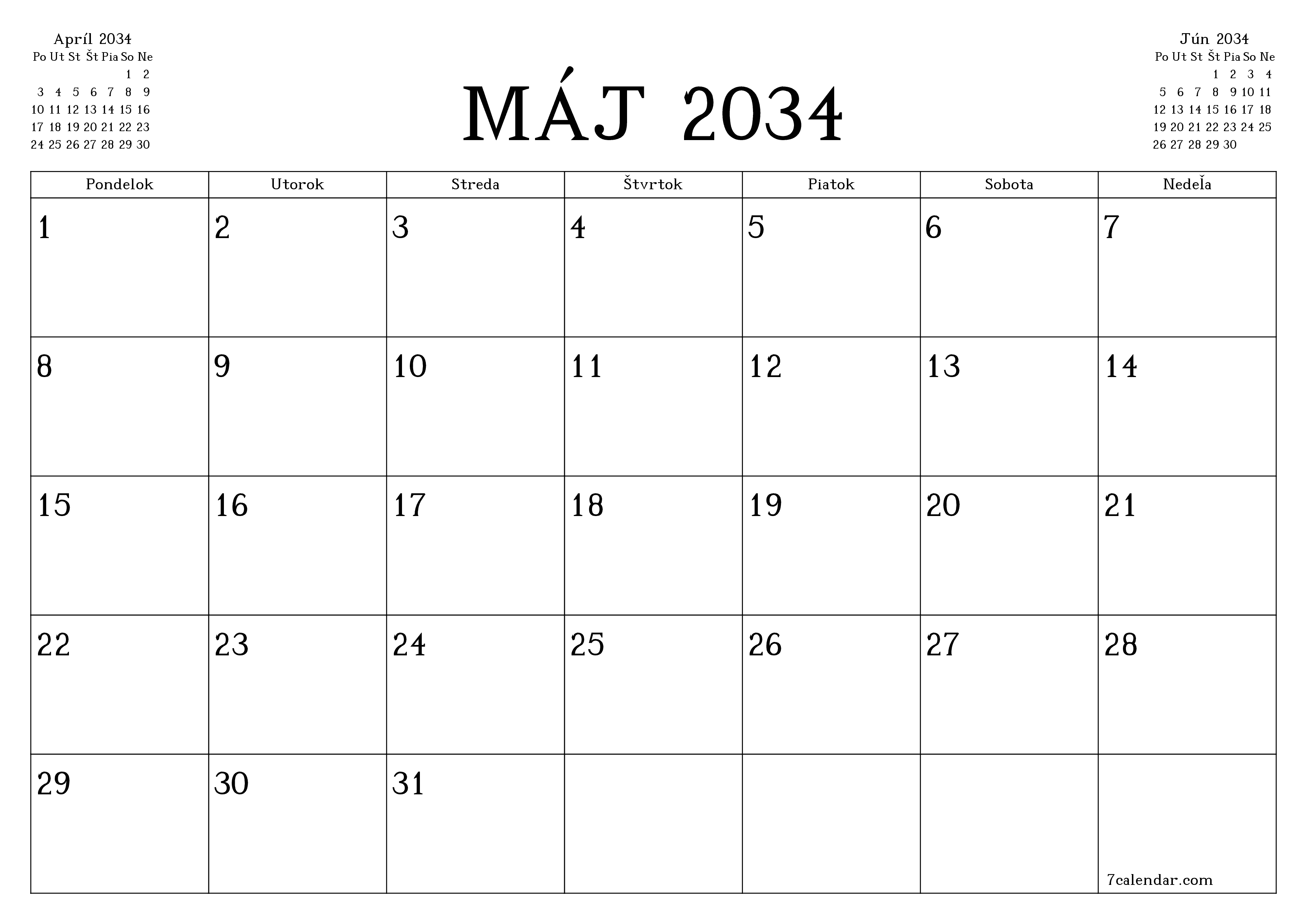 Prázdny mesačný plánovač na mesiac Máj 2034 s poznámkami, uloženie a tlač do PDF PNG Slovak