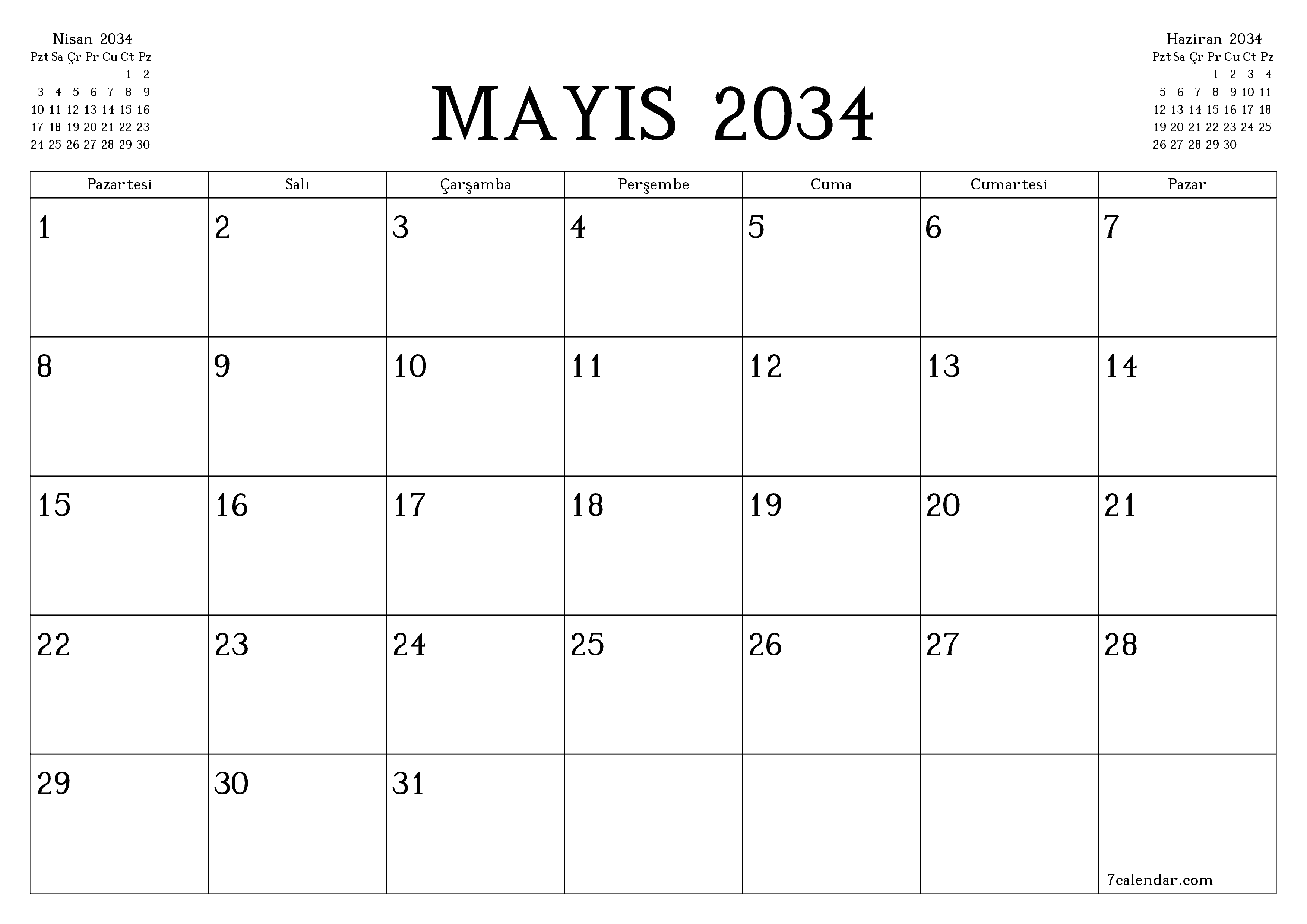 Mayıs 2034 ayı için notlarla birlikte boş aylık planlayıcı, kaydedin ve PDF'ye yazdırın PNG Turkish