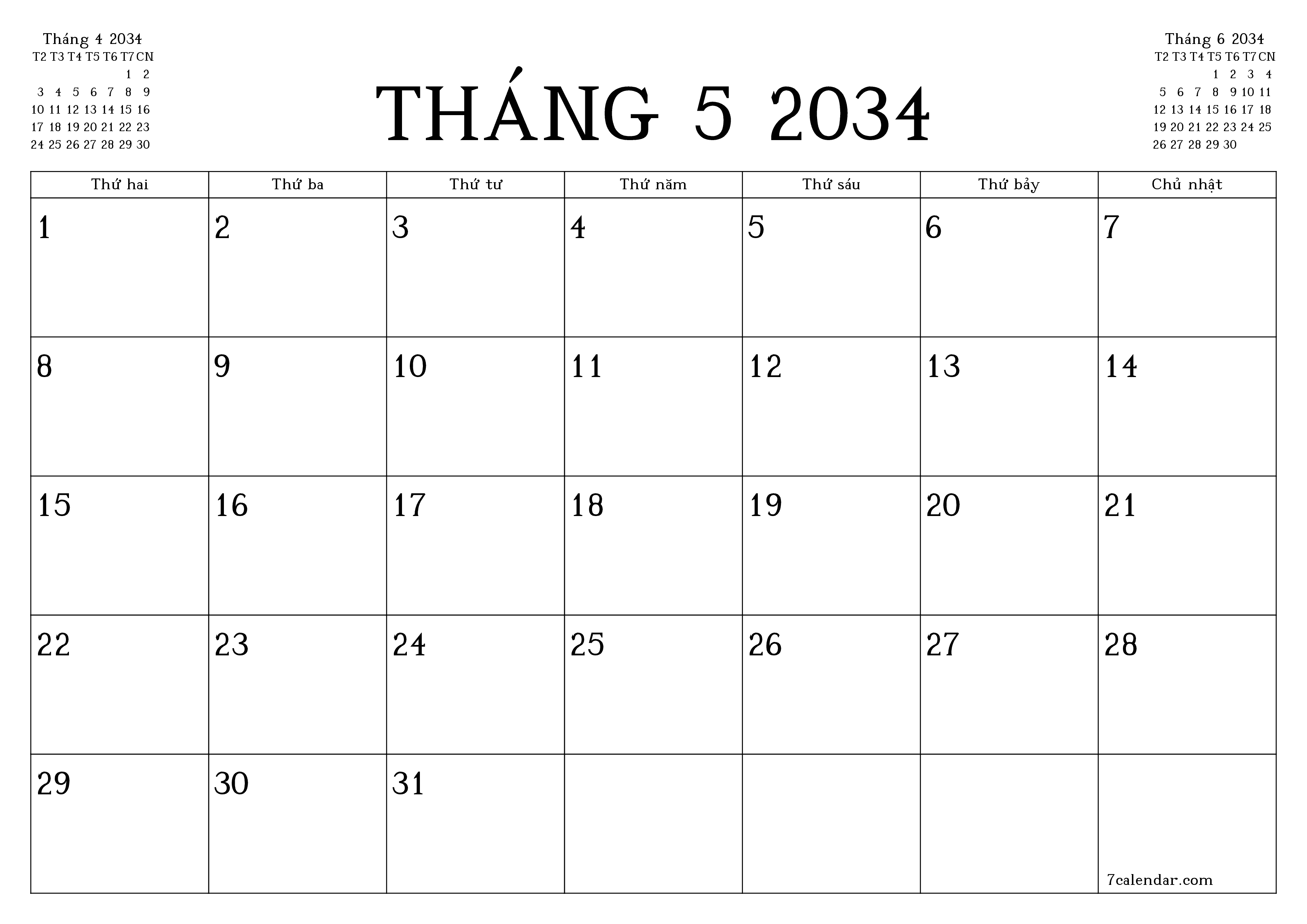 Công cụ lập kế hoạch hàng tháng trống cho tháng Tháng 5 2034 có ghi chú, lưu và in sang PDF PNG Vietnamese