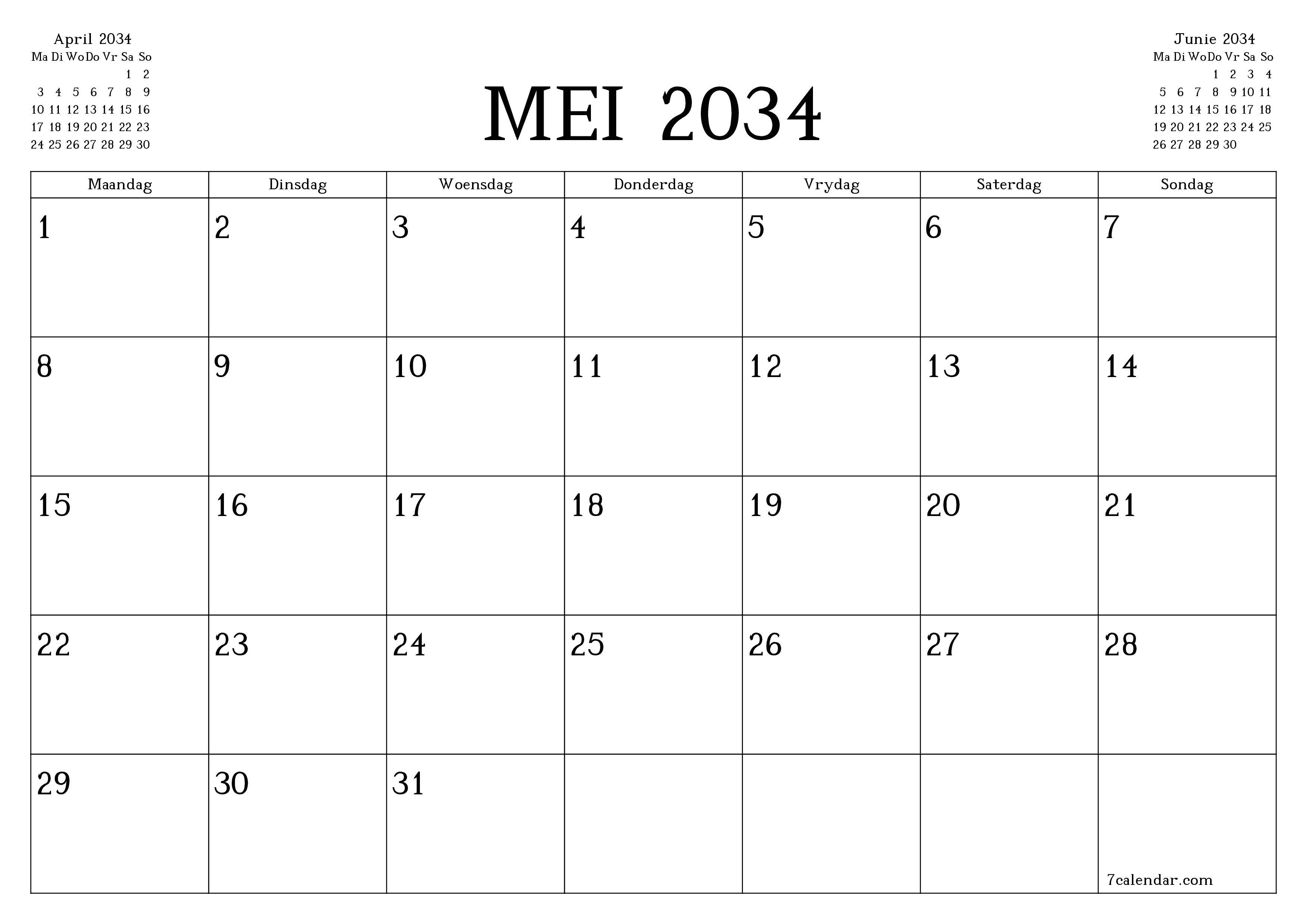 Leë maandelikse drukbare kalender en beplanner vir maand Mei 2034 met notas stoor en druk na PDF PNG Afrikaans