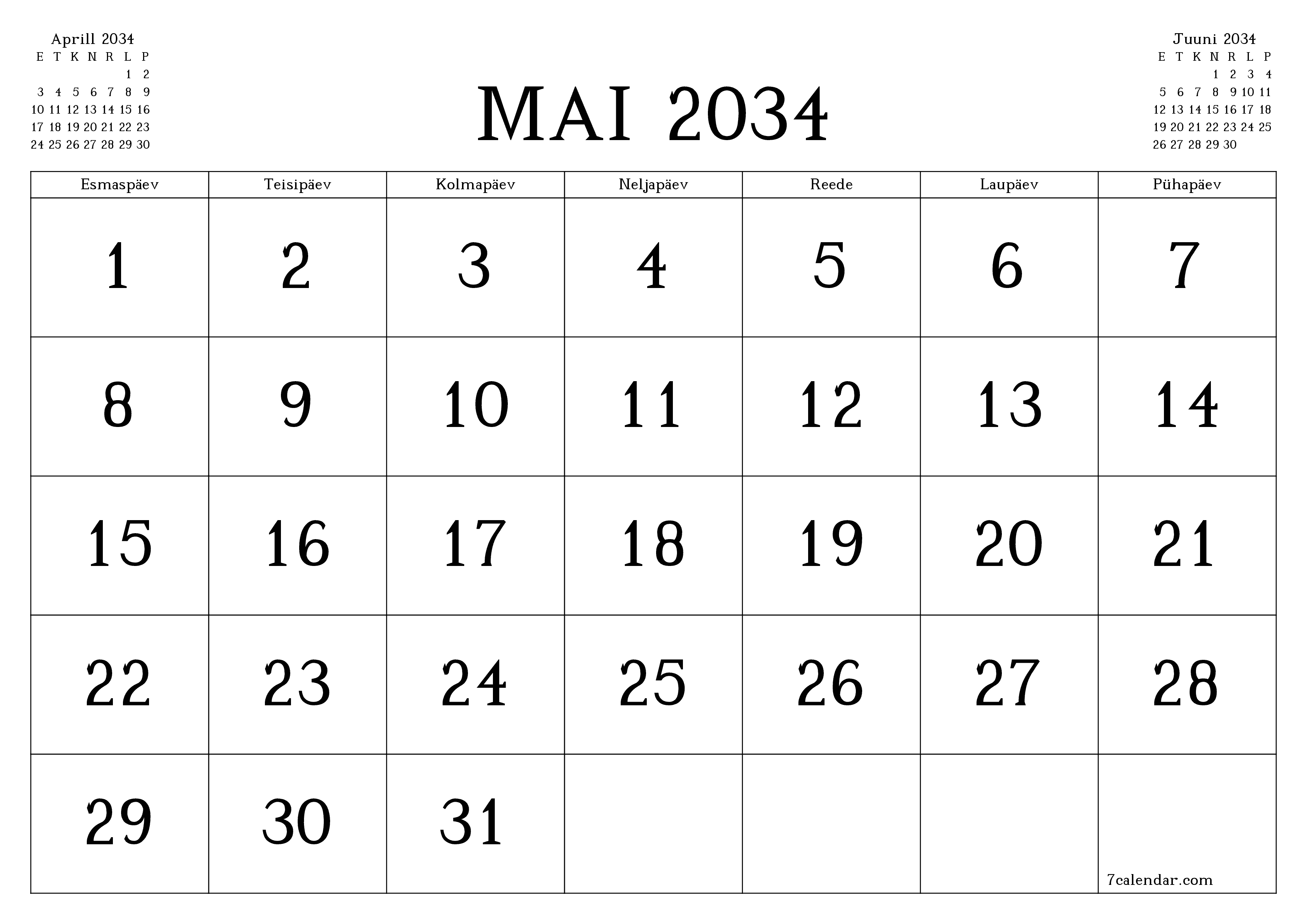 Tühjendage kuu Mai 2034 kuuplaneerija märkmetega, salvestage ja printige PDF-i PNG Estonian