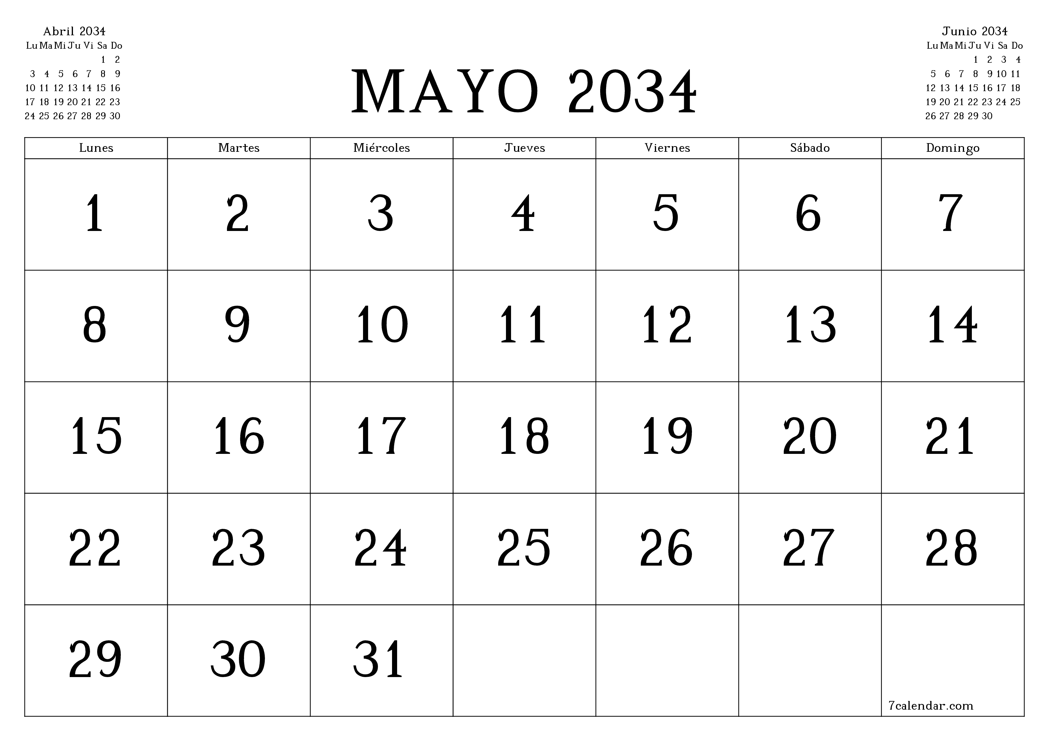 Planificador mensual vacío para el mes Mayo 2034 con notas, guardar e imprimir en PDF PNG Spanish