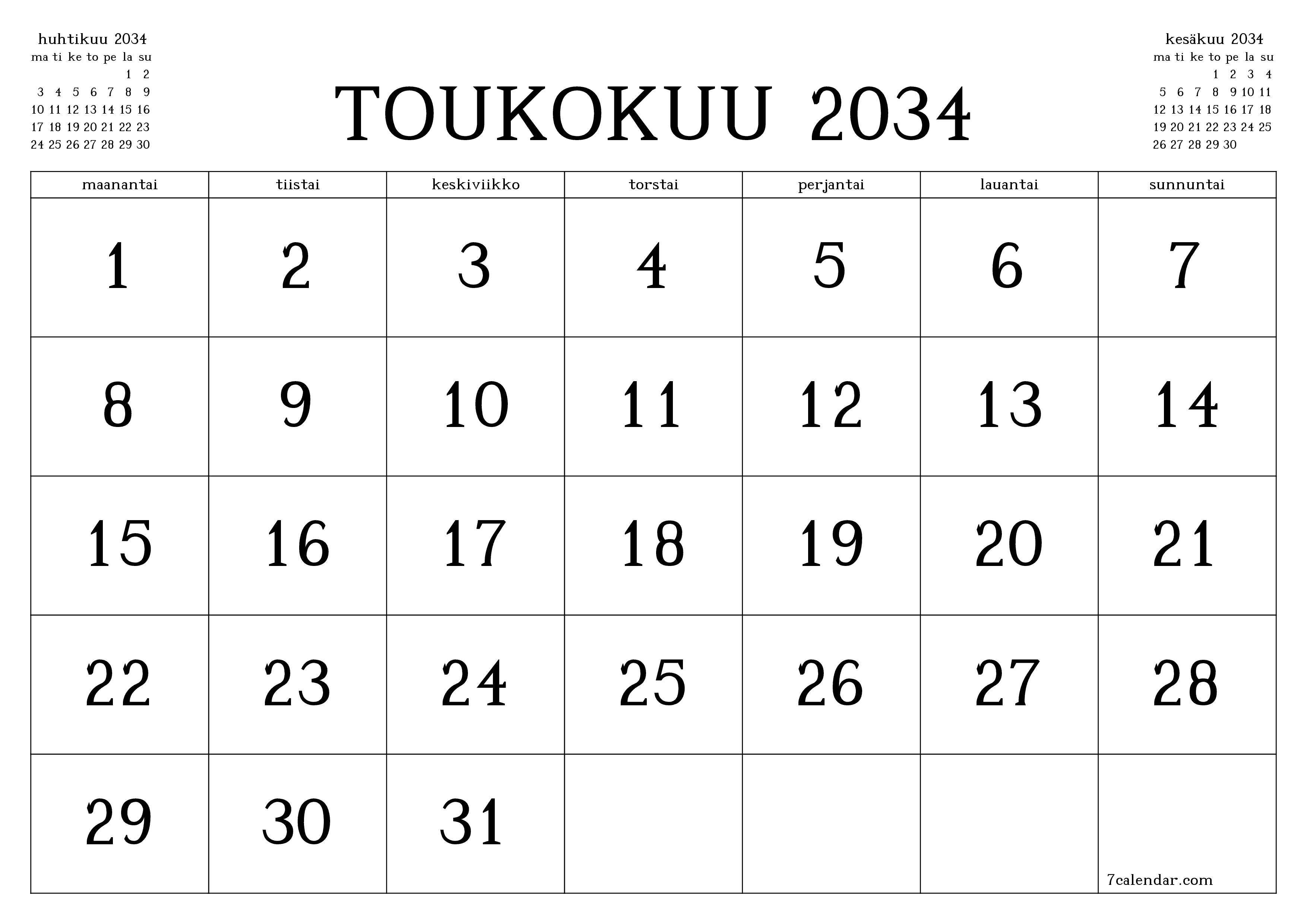 Tyhjennä kuukausittainen suunnittelija kuukaudelle Toukokuu 2034 muistiinpanoilla, tallenna ja tulosta PDF-muotoon PNG Finnish