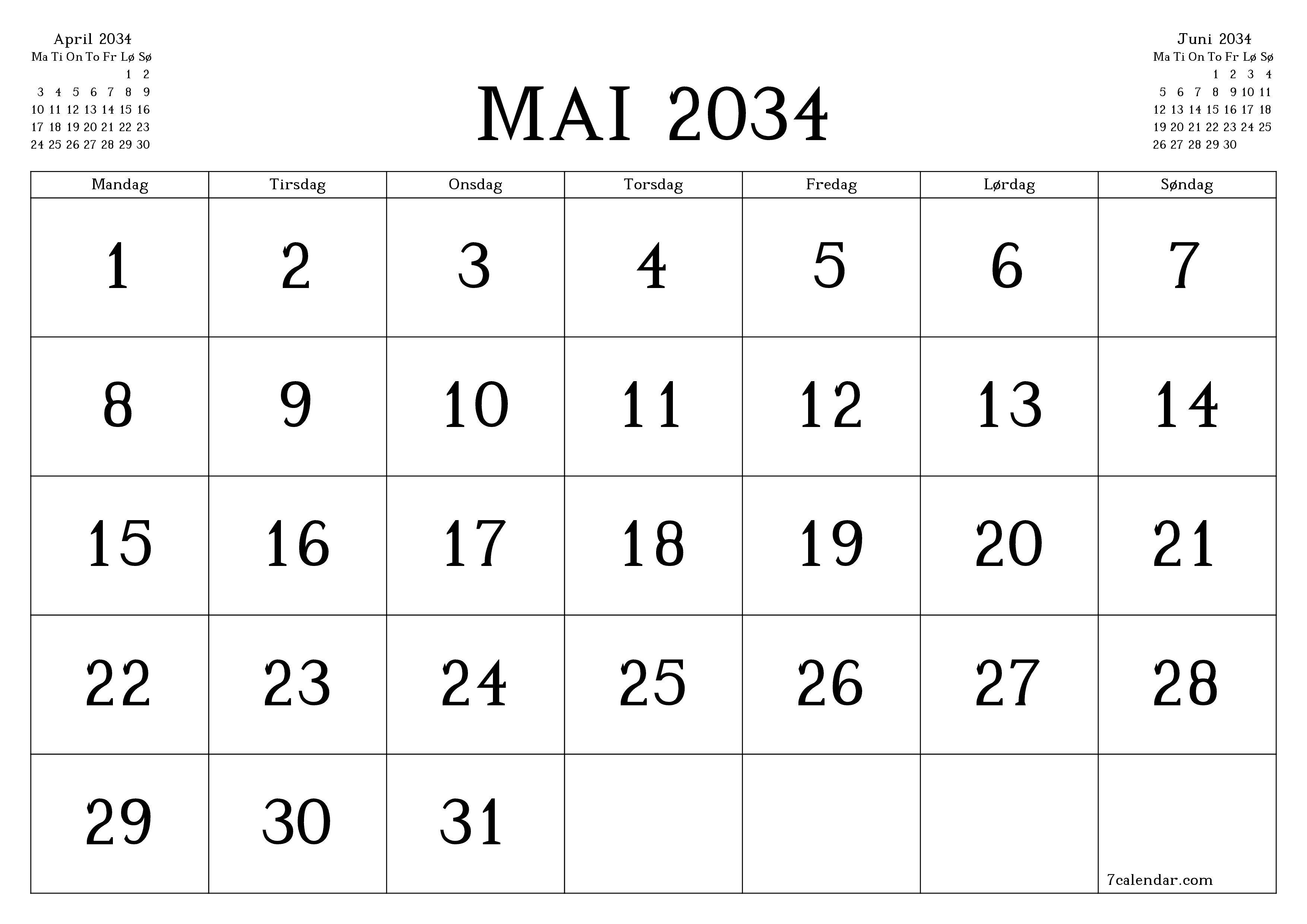 Tom månedlig planlegger for måned Mai 2034 med notater, lagre og skriv ut til PDF PNG Norwegian