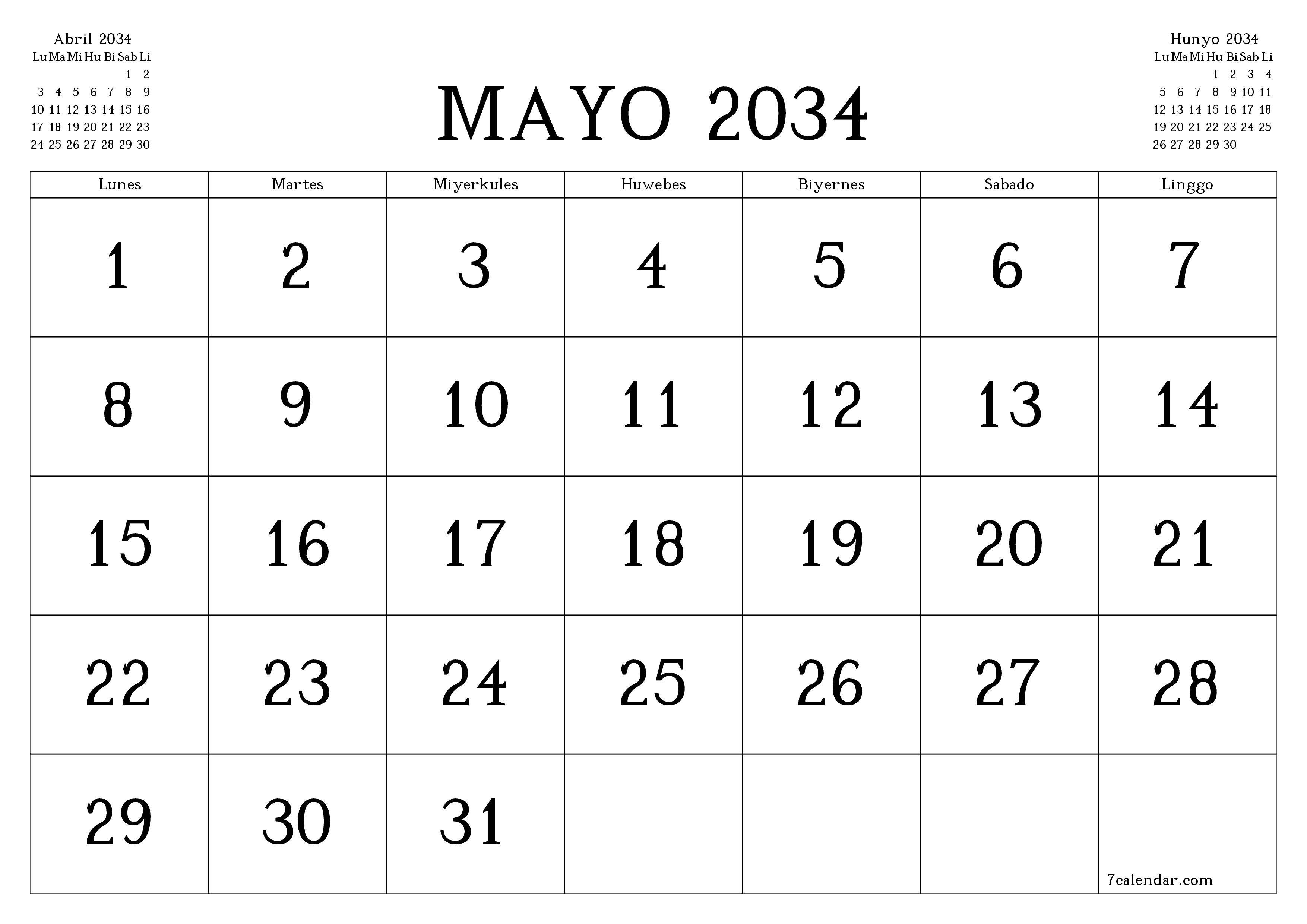 Walang laman na buwanang tagaplano para sa buwan na Mayo 2034 na may mga tala, i-save at i-print sa PDF PNG Filipino