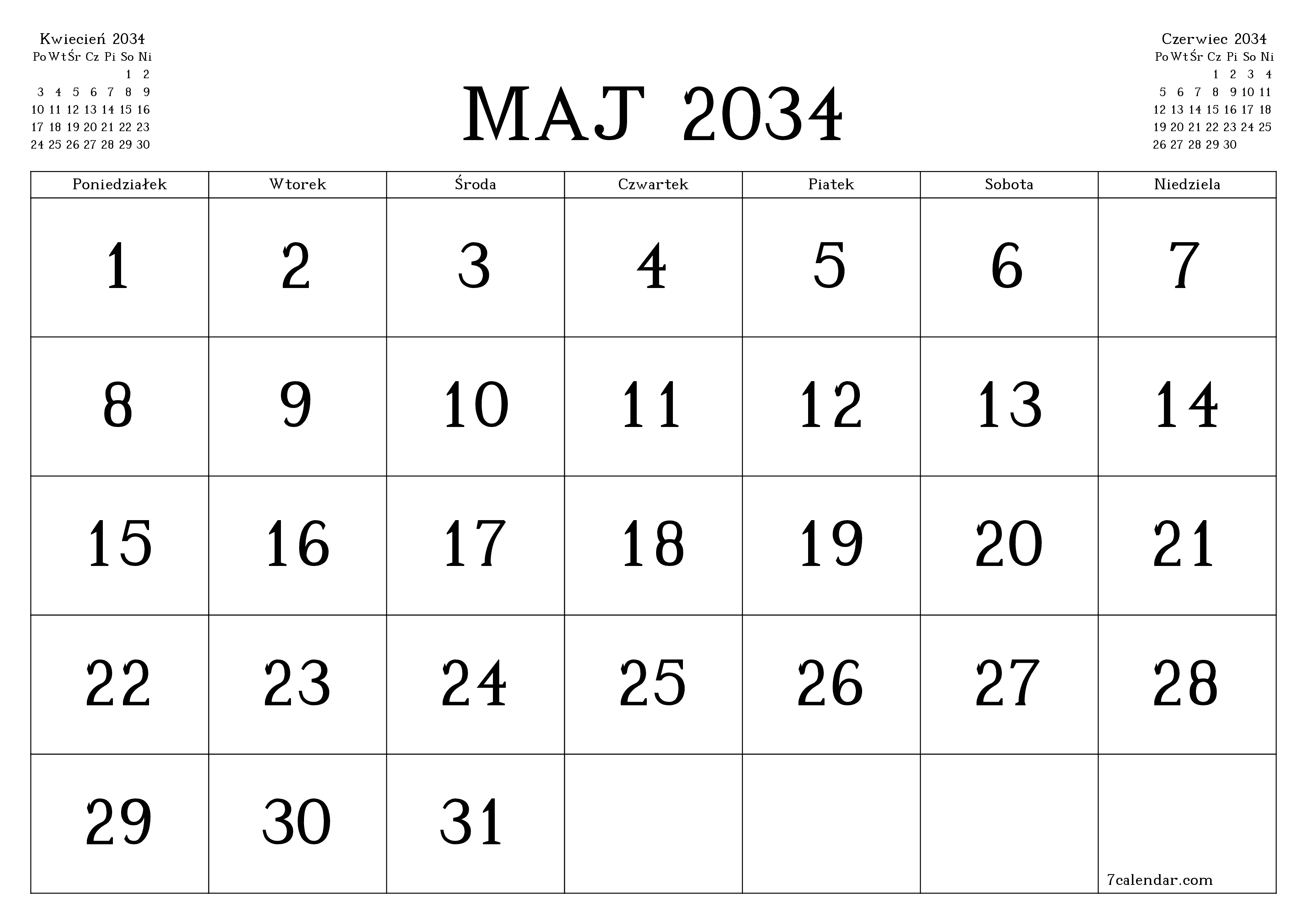 Opróżnij miesięczny planer na miesiąc Maj 2034 z notatkami, zapisz i wydrukuj w formacie PDF PNG Polish