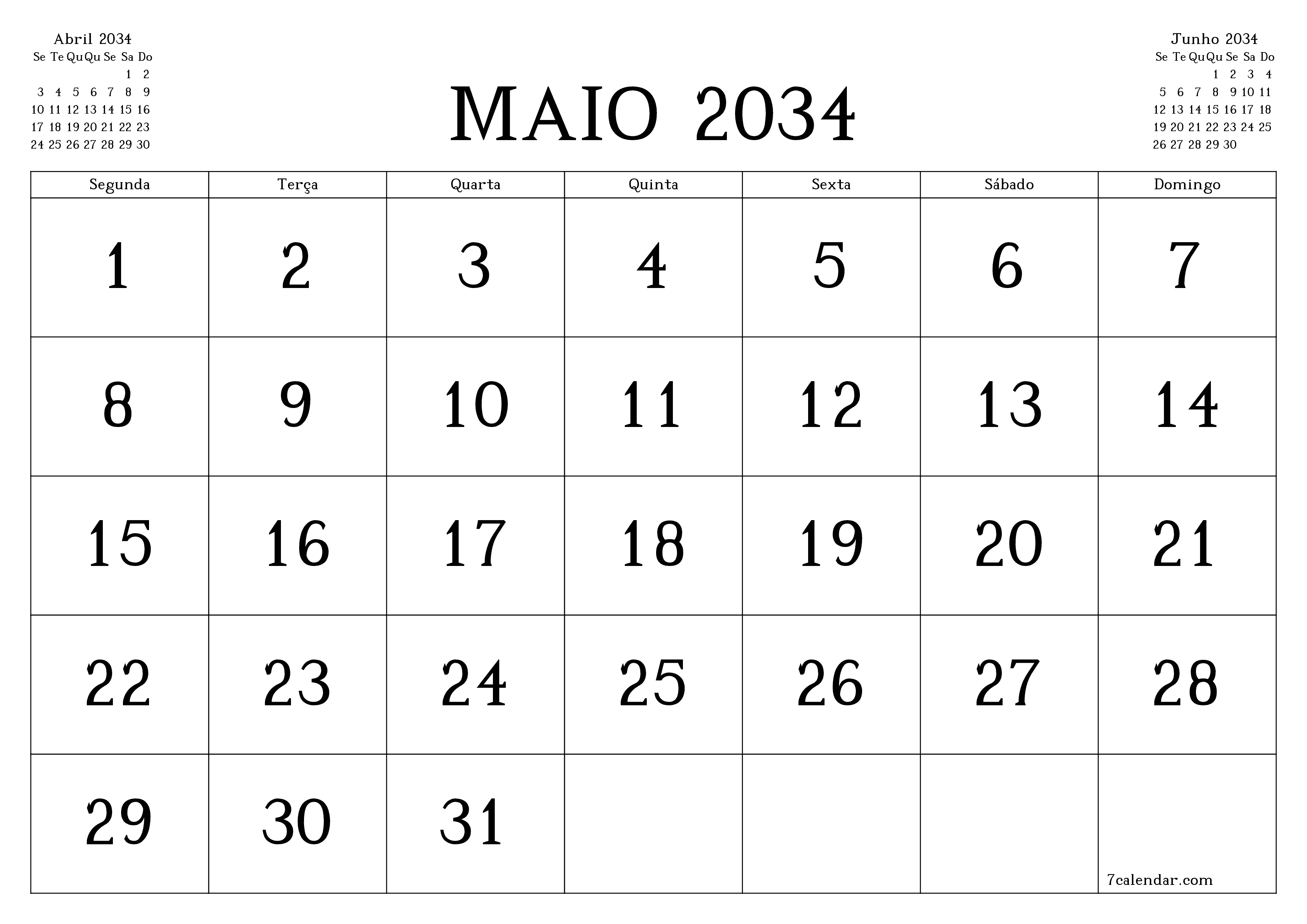 Esvazie o planejador mensal para o mês Maio 2034 com notas, salve e imprima em PDF PNG Portuguese