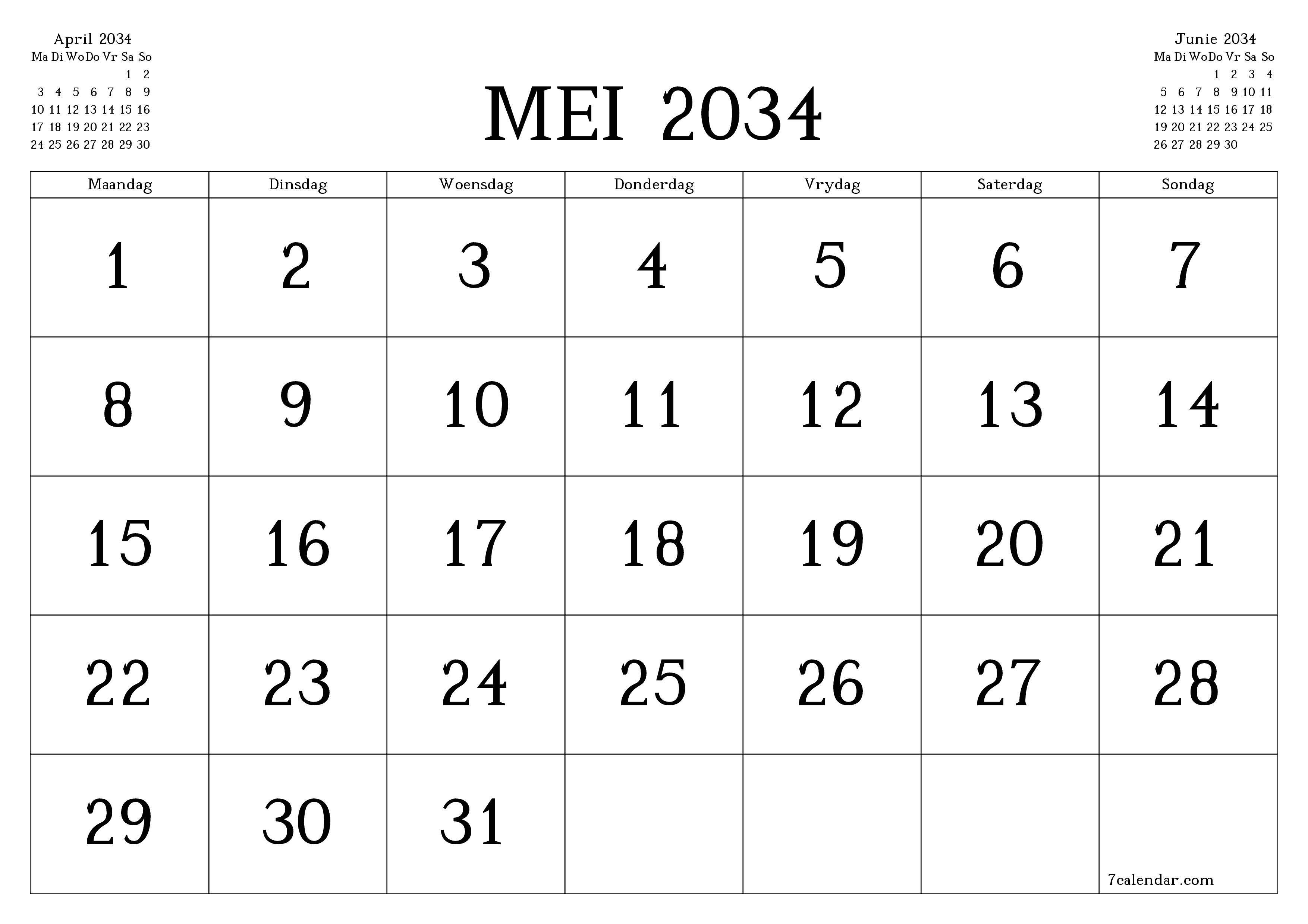 Leë maandelikse drukbare kalender en beplanner vir maand Mei 2034 met notas stoor en druk na PDF PNG Afrikaans