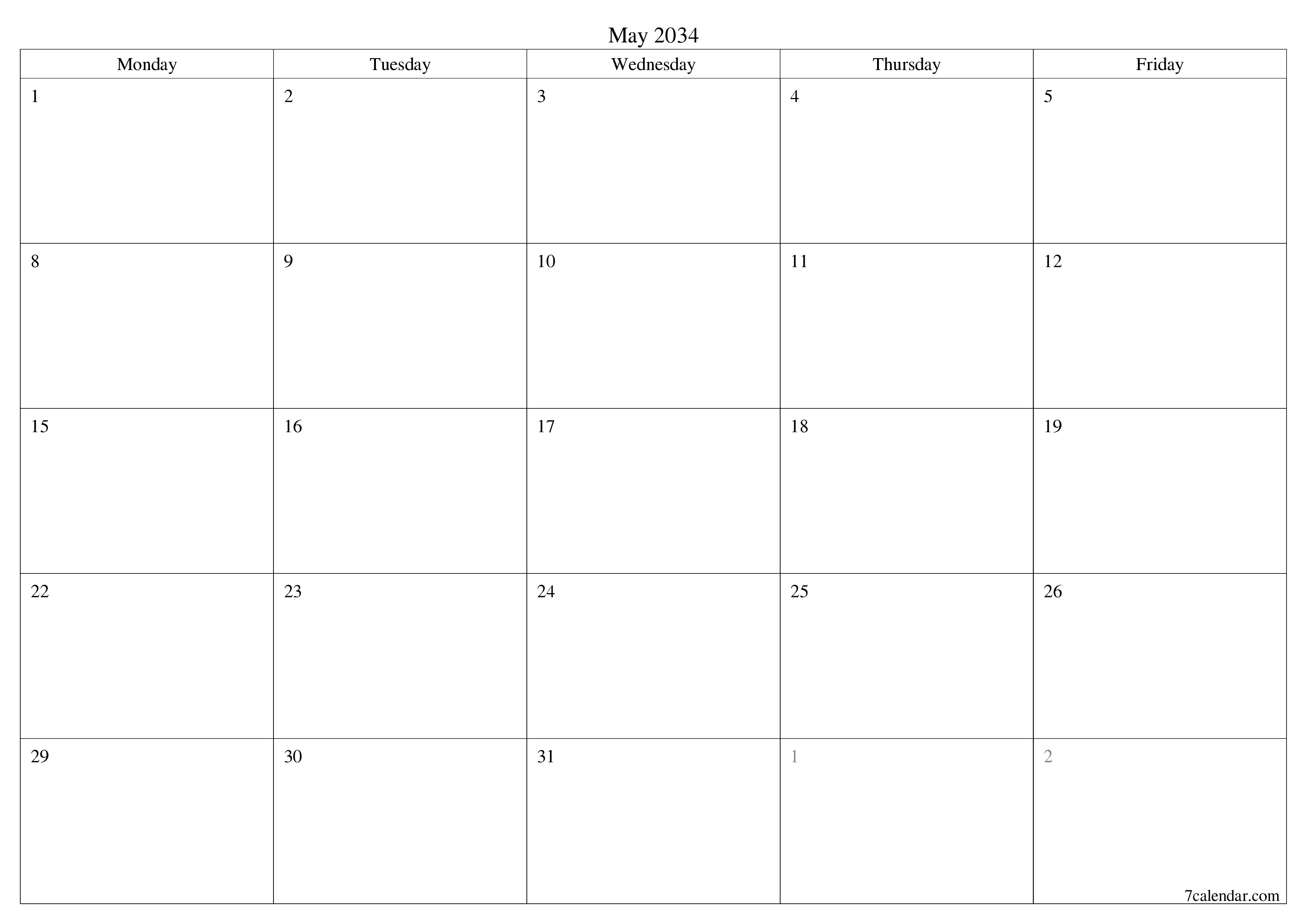 Blank calendar May 2034