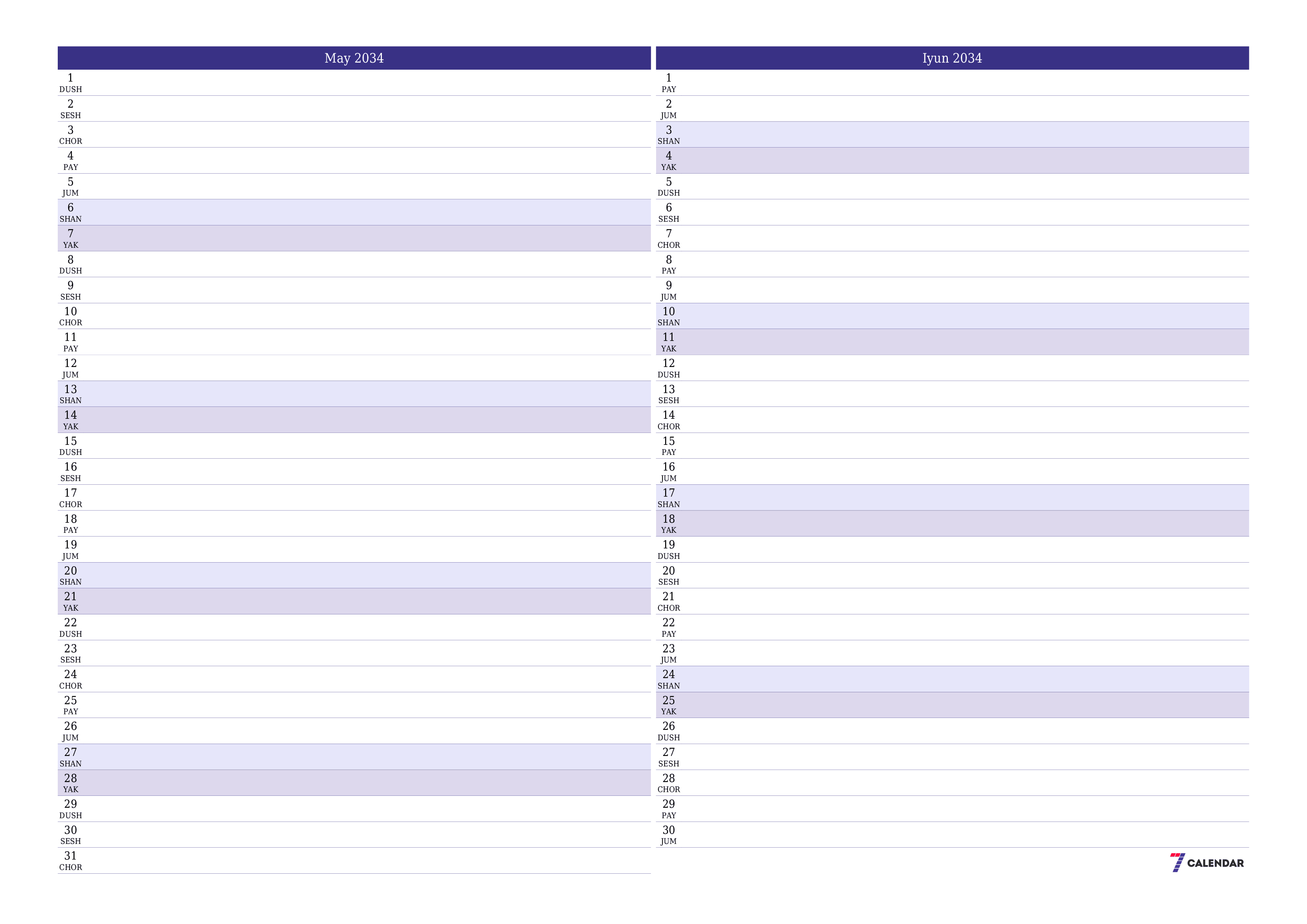 May 2034 oylik oylik rejalashtiruvchini yozuvlar bilan bo'shatish, saqlash va PDF-ga chop etish PNG Uzbek