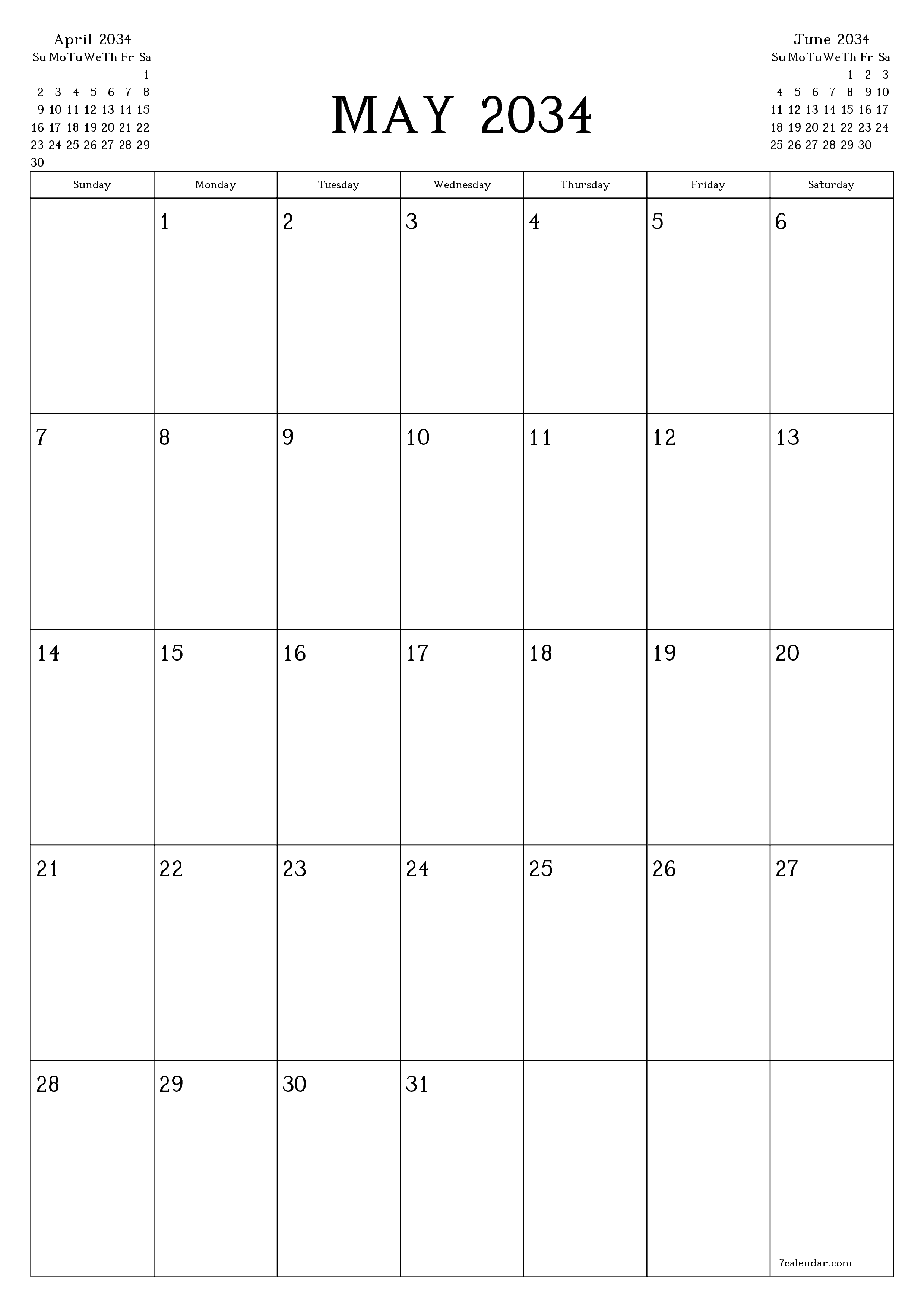 Blank calendar May 2034