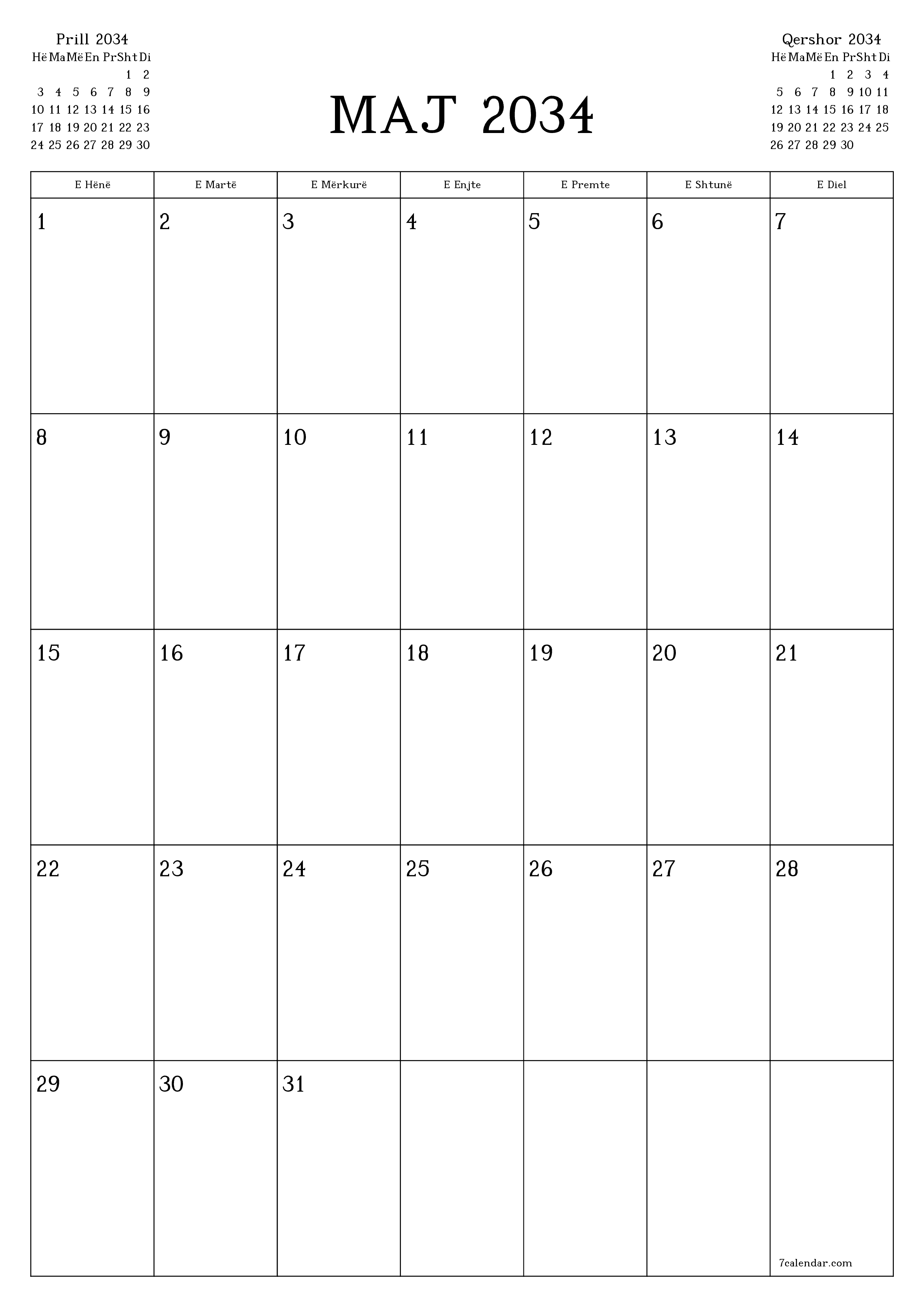 Planifikuesi i zbrazët i kalendarit mujor për muajin Maj 2034 me shënime të ruajtura dhe të printuara në PDF PNG Albanian