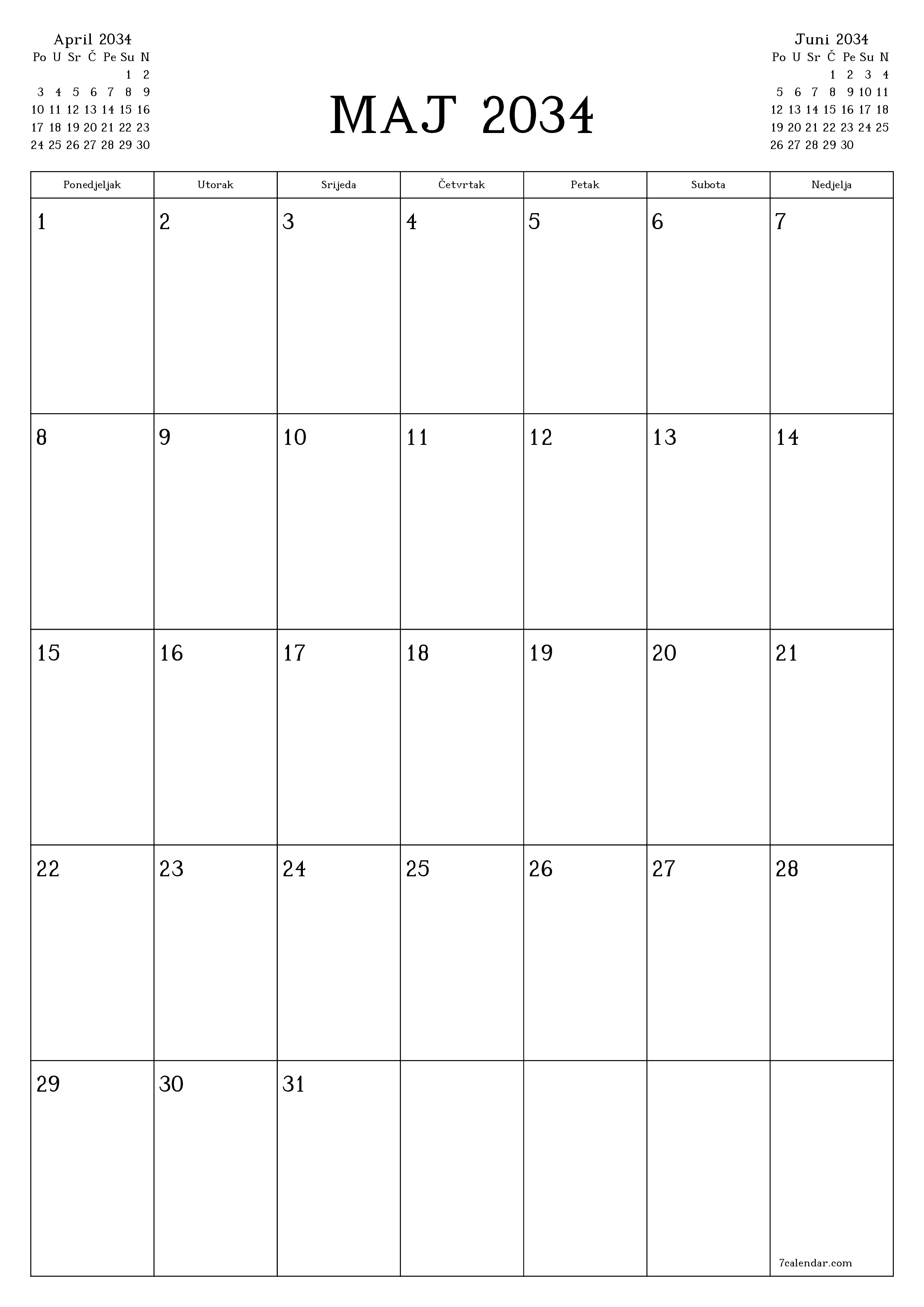  za štampanje zidni šablon a besplatni vertikalno Mjesečno planer kalendar Maj (Maj) 2034