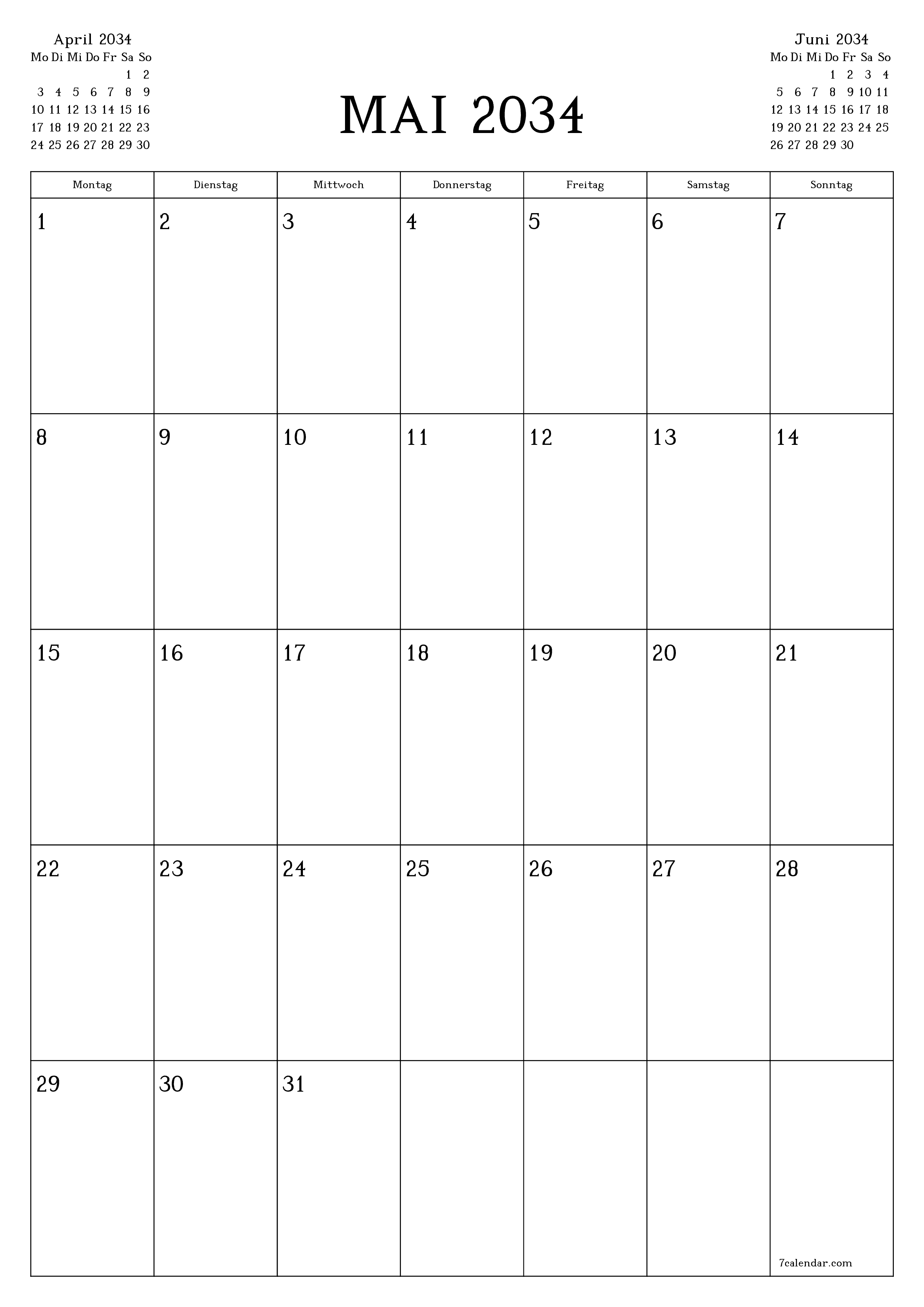  zum Ausdrucken Wandkalender vorlage kostenloser vertikal Monatlich Planer Kalender Mai (Mai) 2034