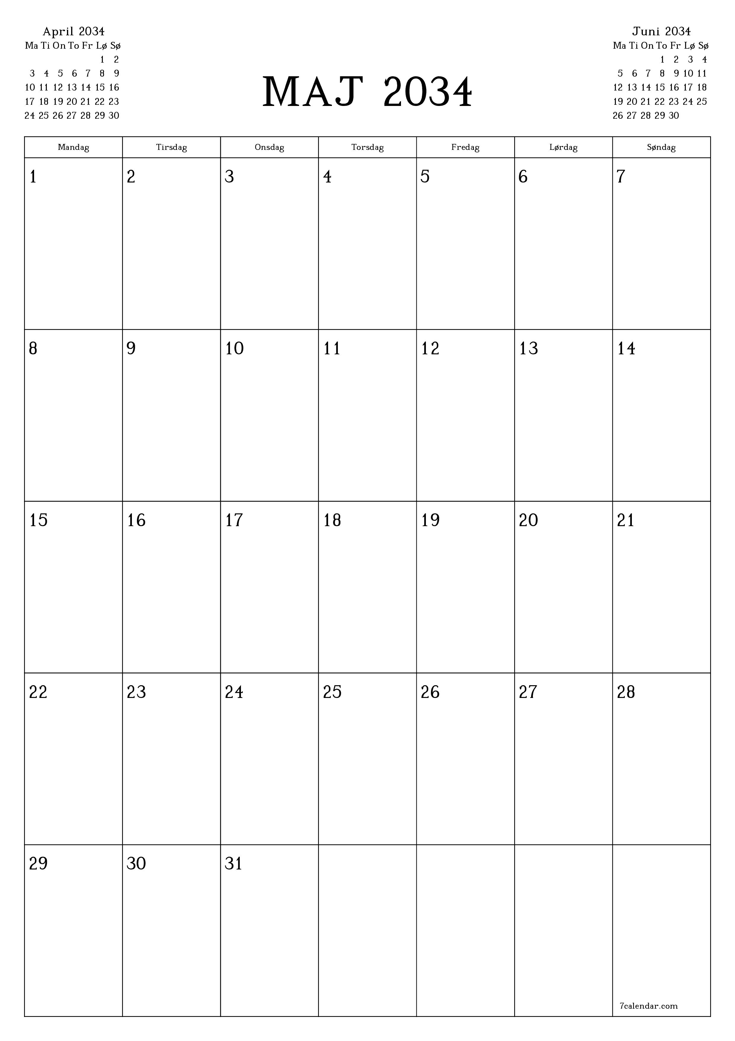 udskrivbar væg skabelon gratis lodret Månedlig planlægger kalender Maj (Maj) 2034