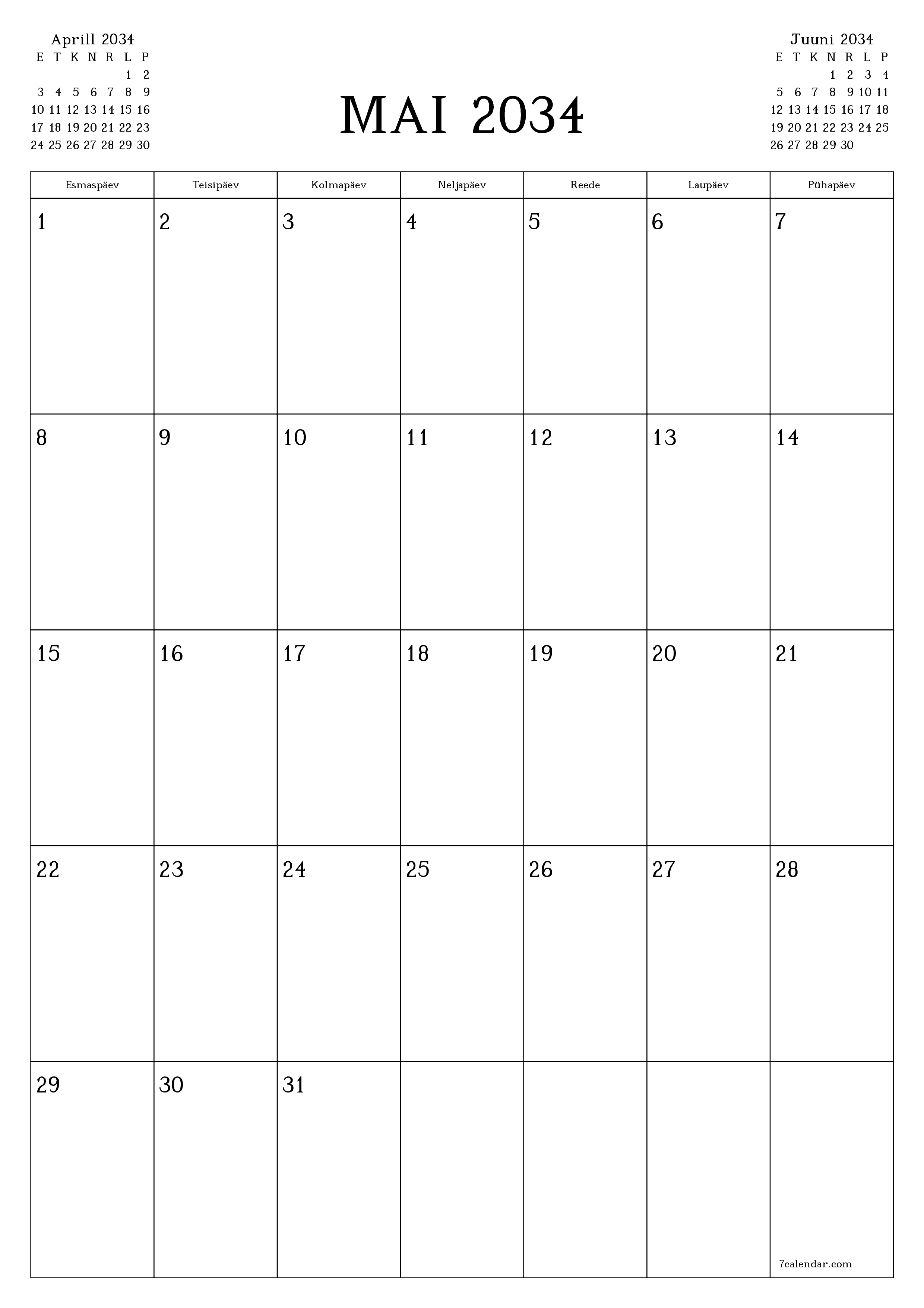 prinditav seina kalendri mall tasuta vertikaalne Igakuine planeerija kalender Mai (Mai) 2034
