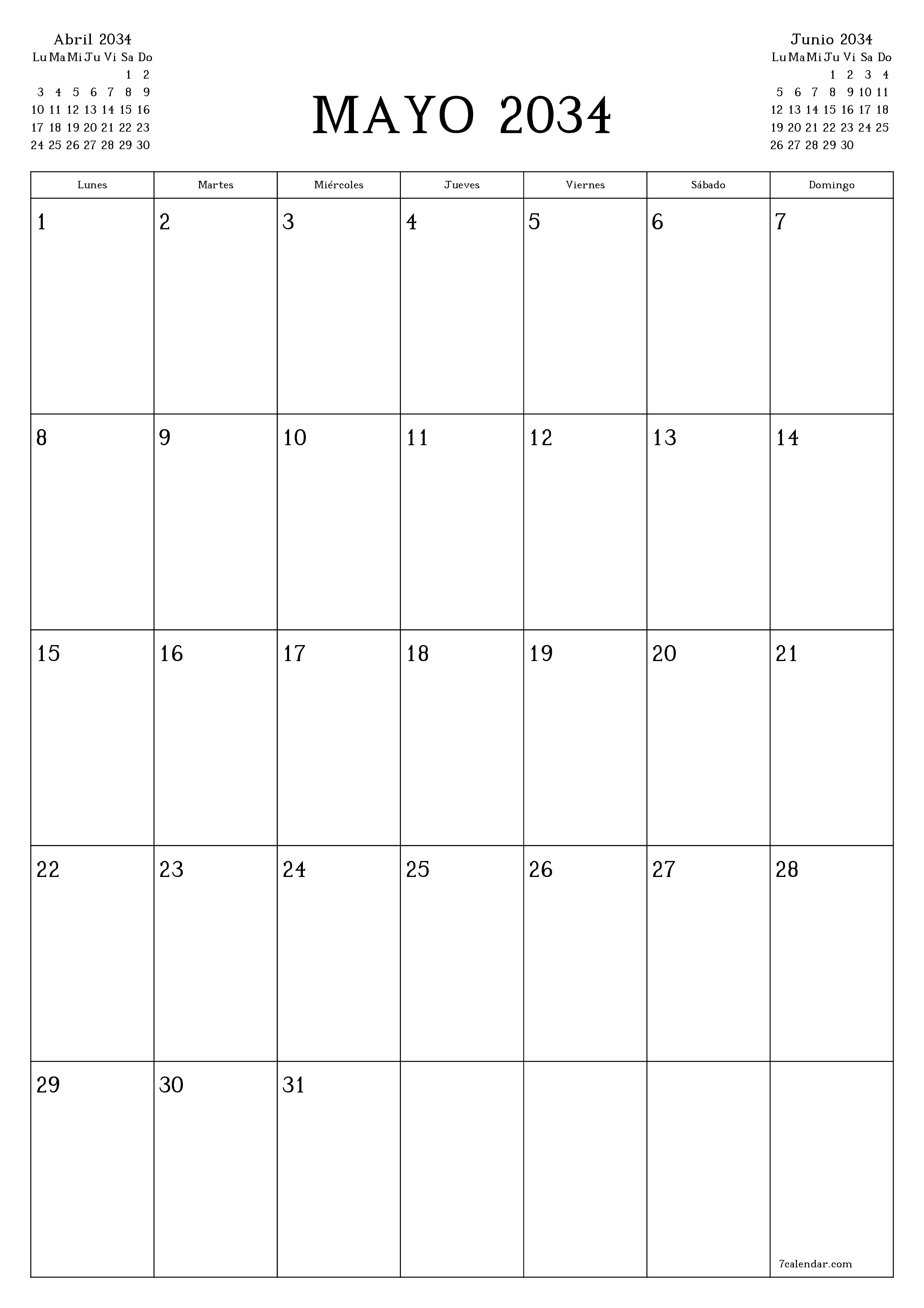 imprimible de pared plantilla de gratisvertical Mensual planificador calendario Mayo (May) 2034