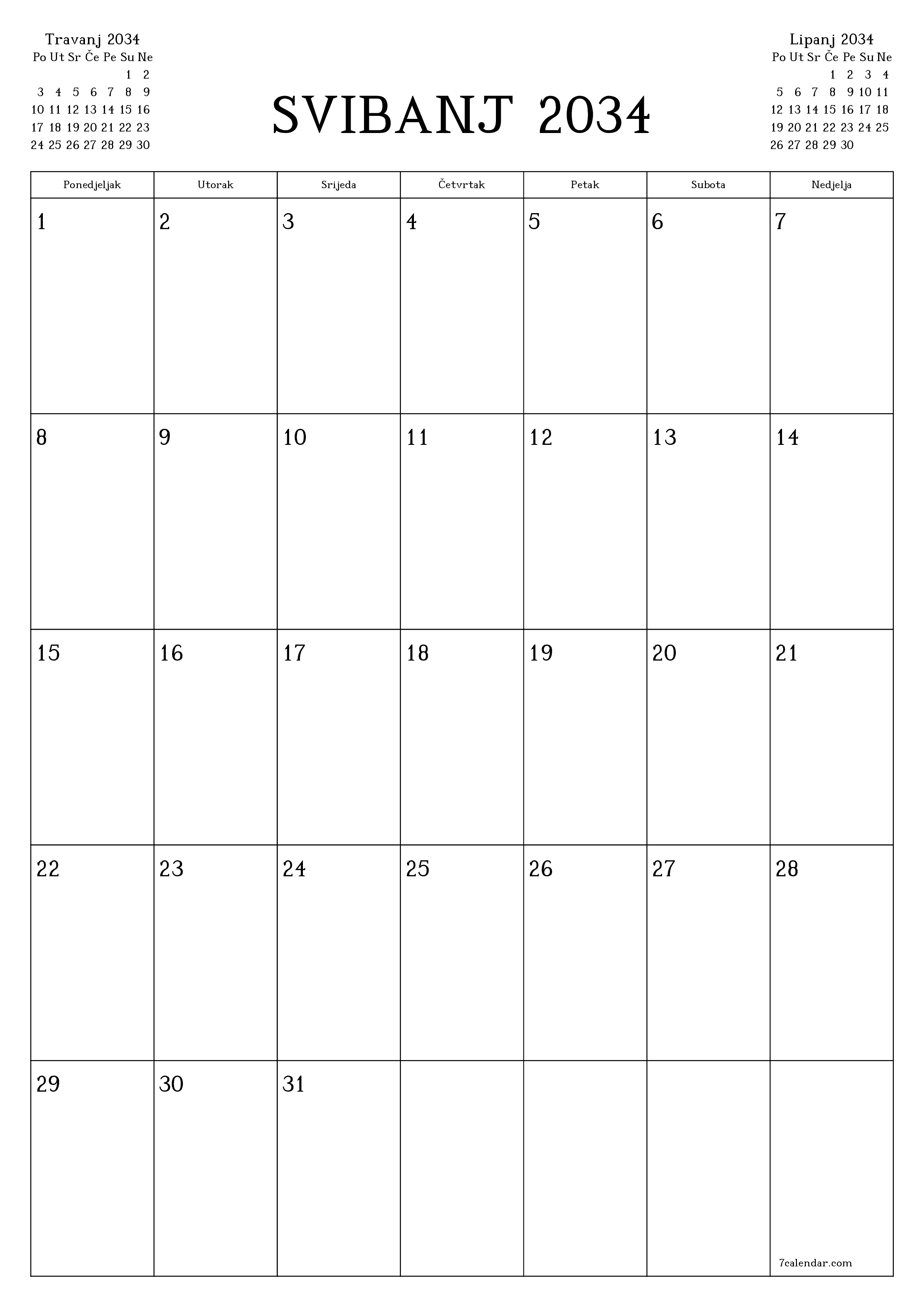  za ispis zidni predložak a besplatni okomito Mjesečni planer kalendar Svibanj (Svi) 2034