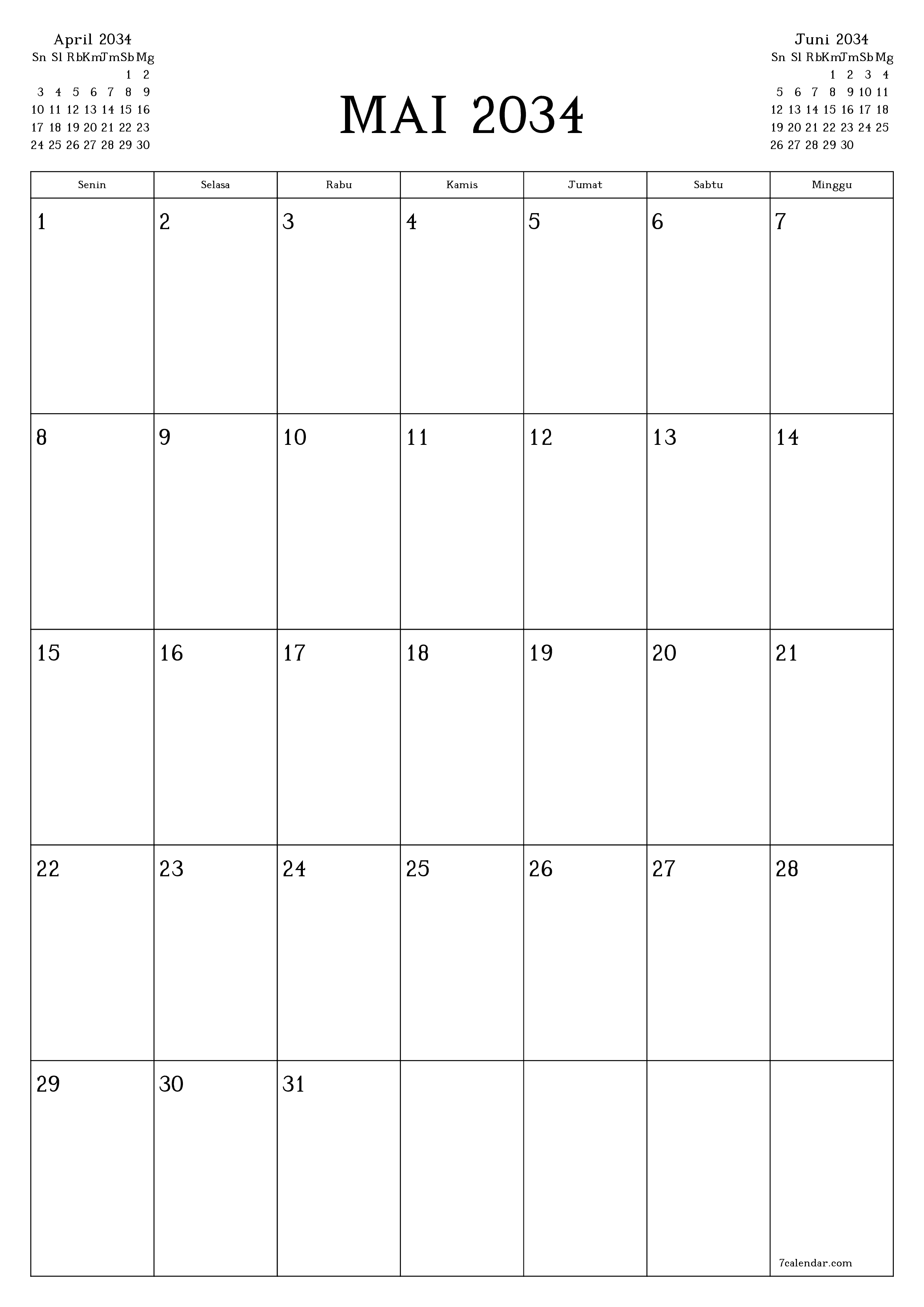  yang dapat dicetak dinding templat gratisvertikal Bulanan perencana kalender Mai (Mai) 2034