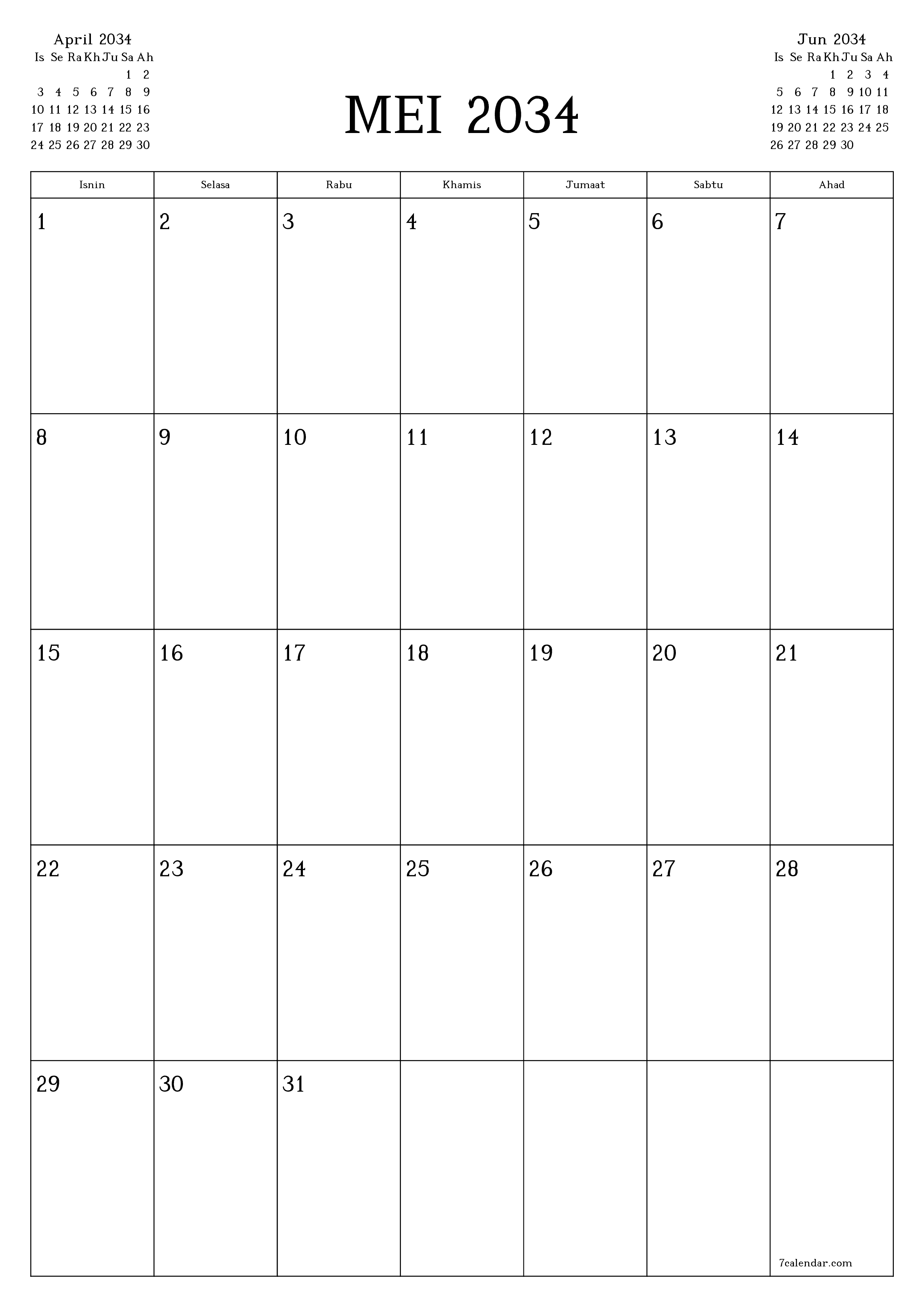  boleh cetak dinding templat percumamenegak Bulanan perancang kalendar Mei (Mei) 2034
