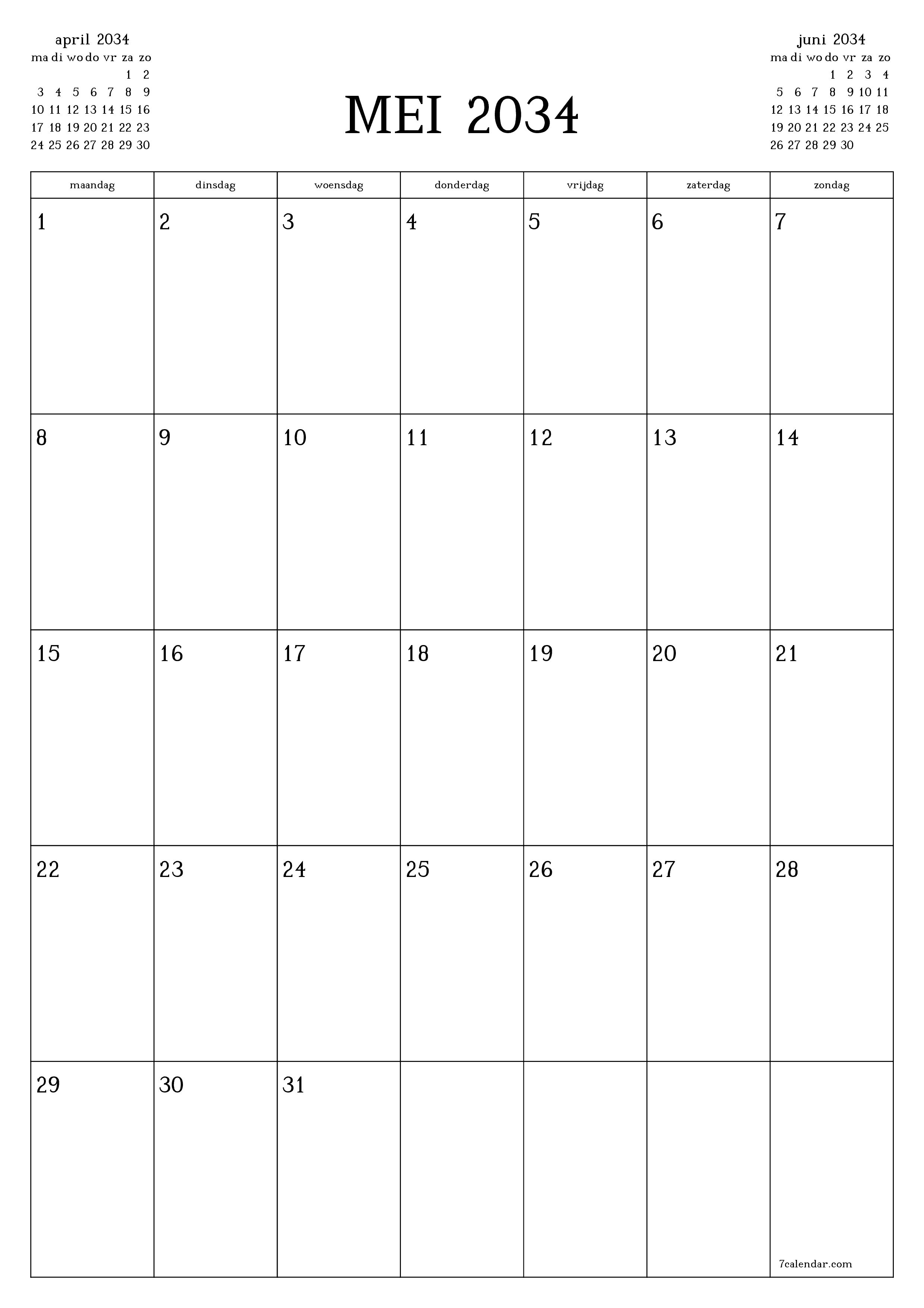 afdrukbare muur sjabloon gratis verticaal Maandelijks planner kalender mei (mei) 2034