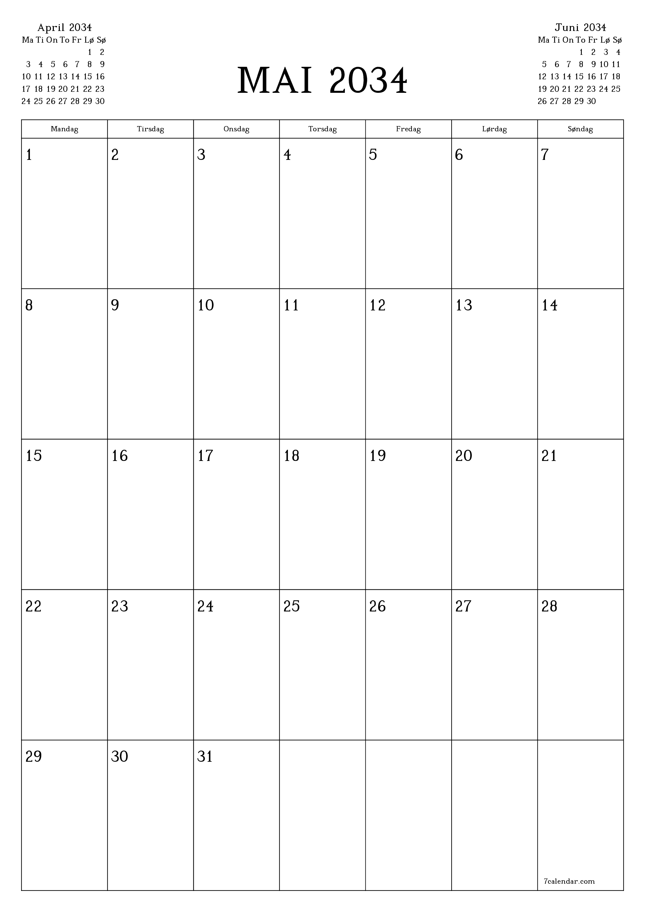 utskrivbar vegg mal gratis vertikal Månedlig planlegger kalender Mai (Mai) 2034