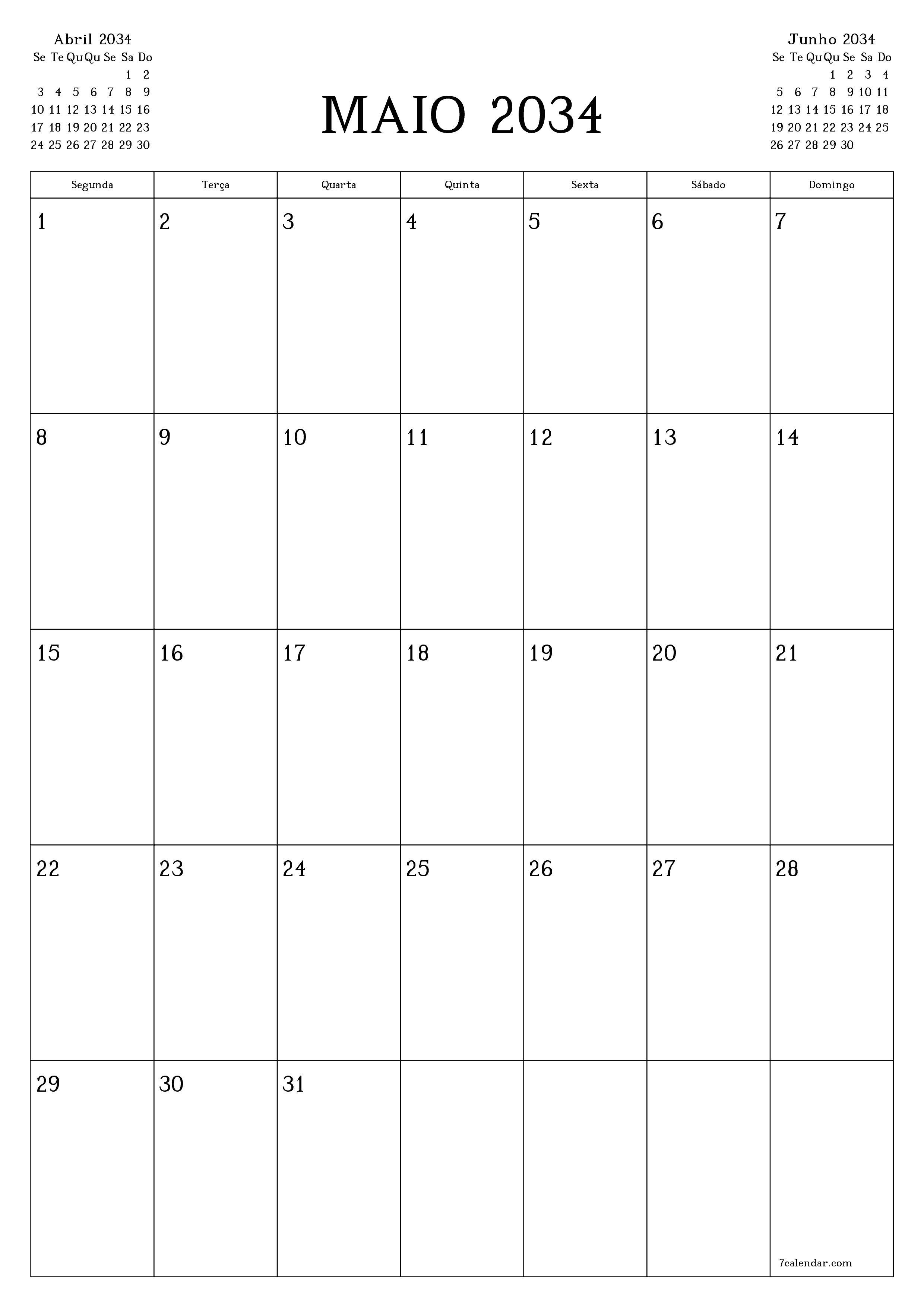  para impressão de parede modelo de grátisvertical Mensal planejador calendário Maio (Mai) 2034