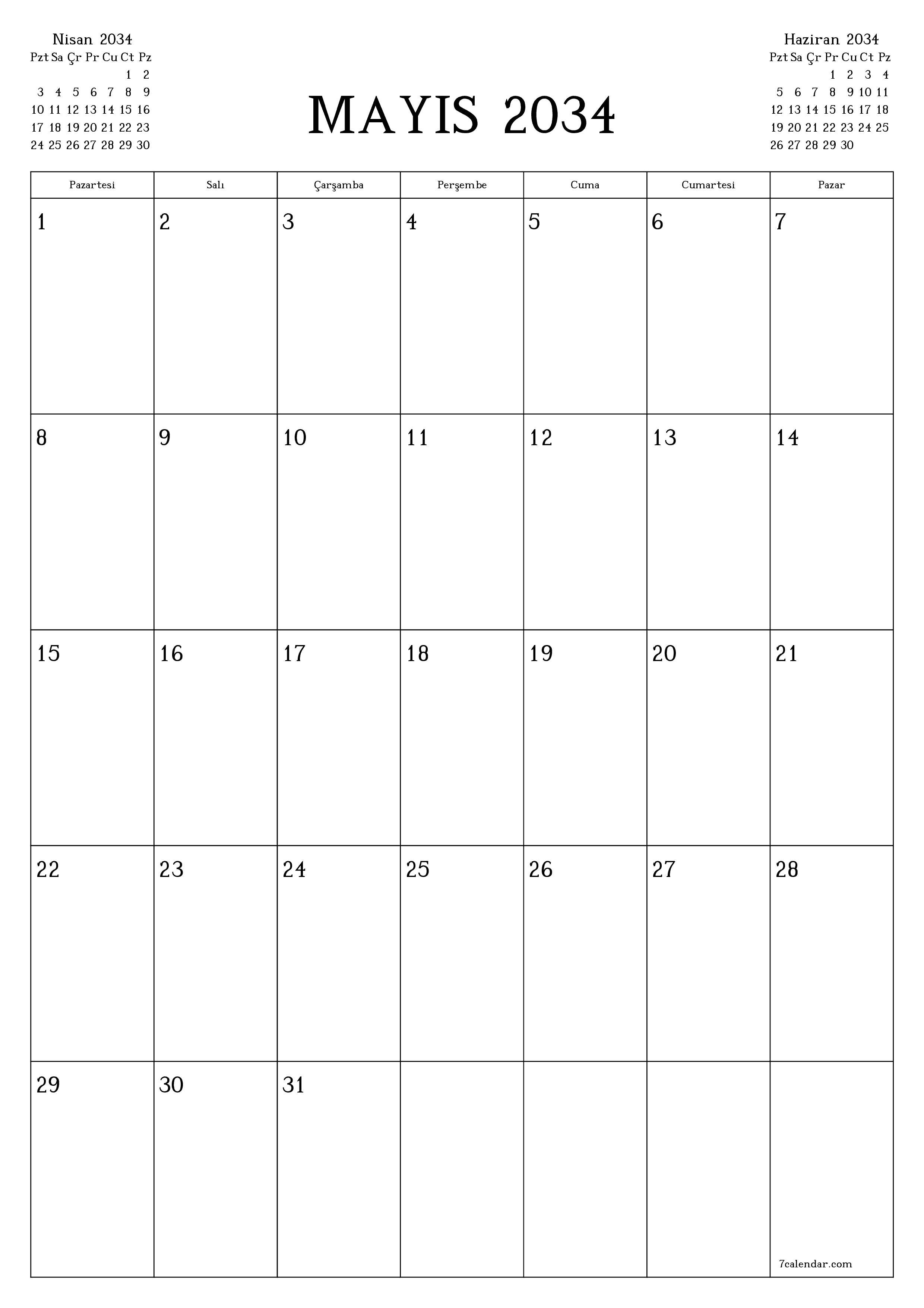 yazdırılabilir duvar i şablonu ücretsiz dikey Aylık planlayıcı takvim Mayıs (May) 2034
