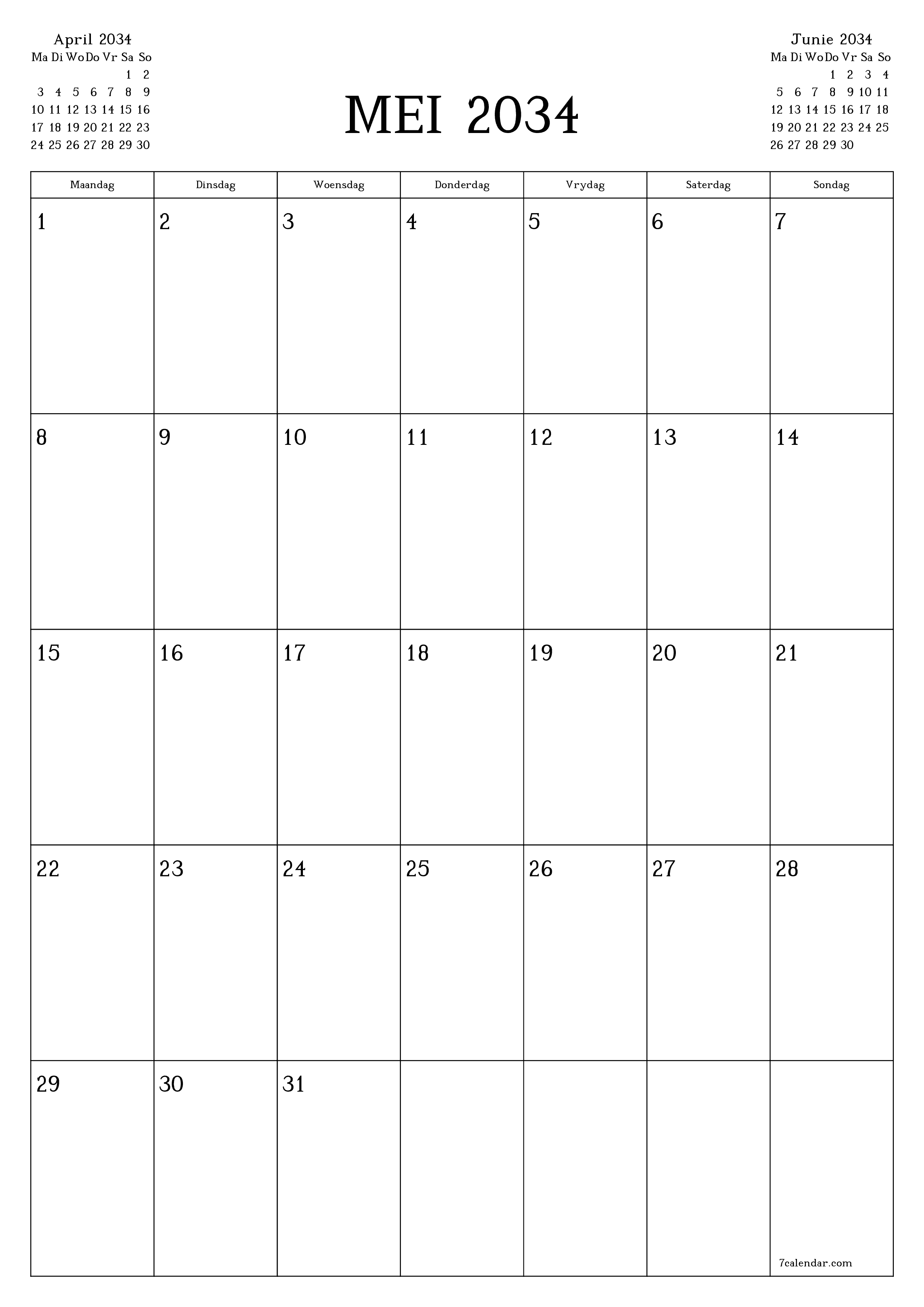 drukbare muur template gratis vertikaal Maandeliks beplanner kalender Mei (Mei) 2034