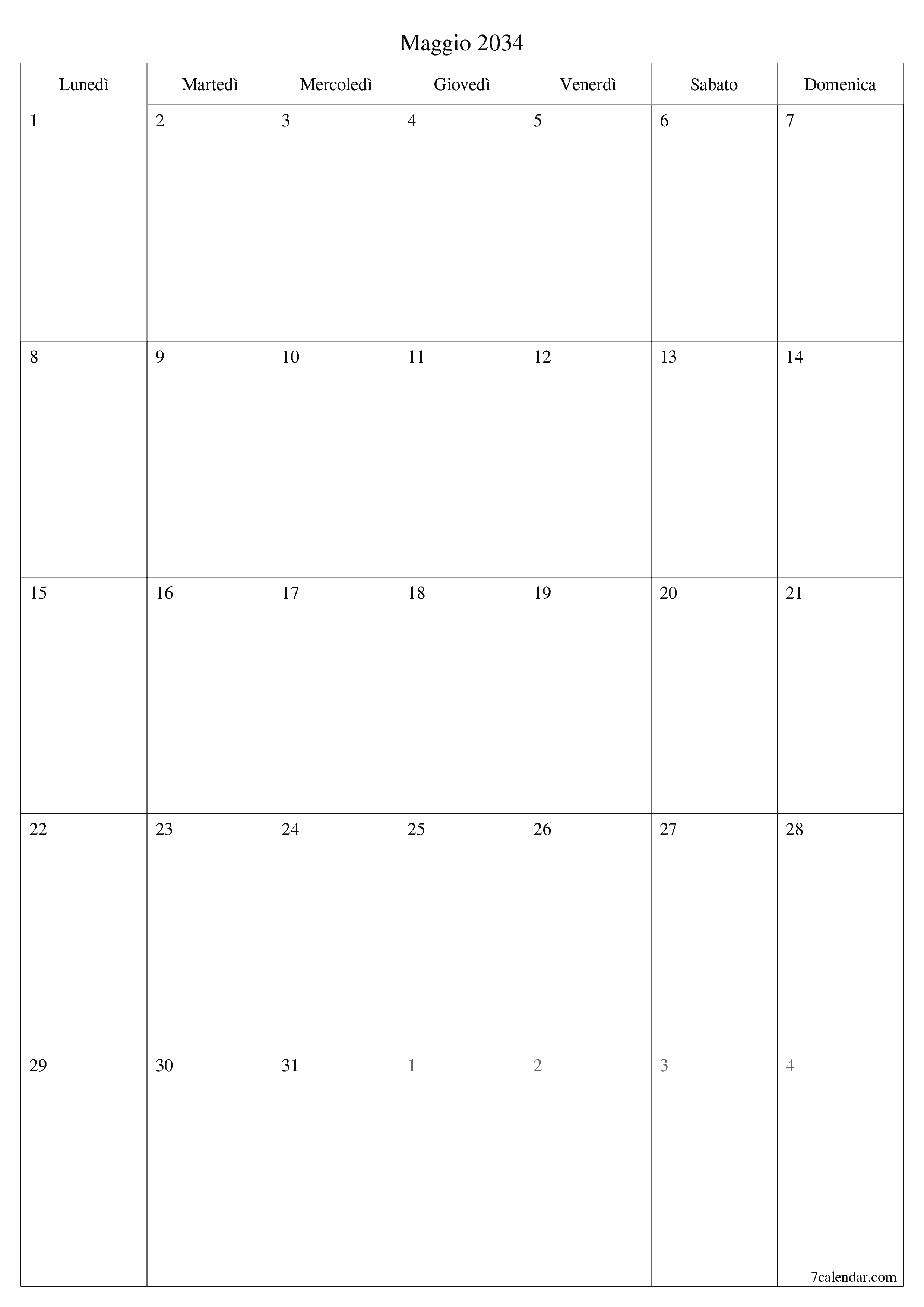  stampabile da parete modello di gratuitoverticale Mensile pianificatore calendario Maggio (Mag) 2034