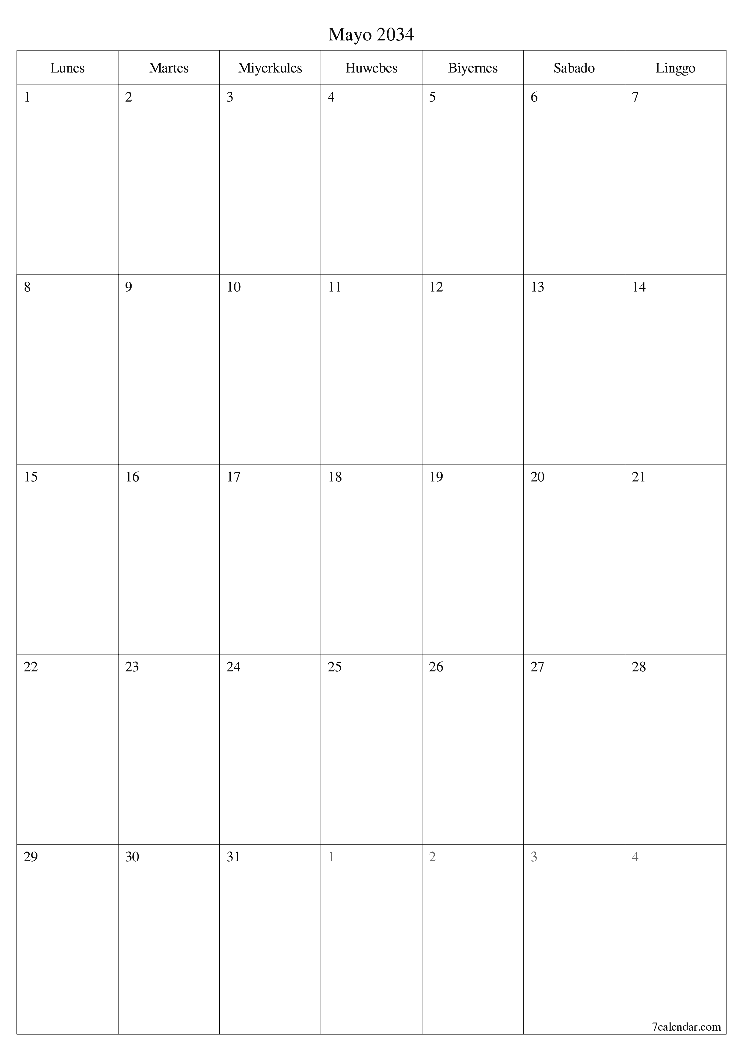 napi-print na sa dingding template ng libreng patayo Buwanang tagaplano kalendaryo Mayo (May) 2034